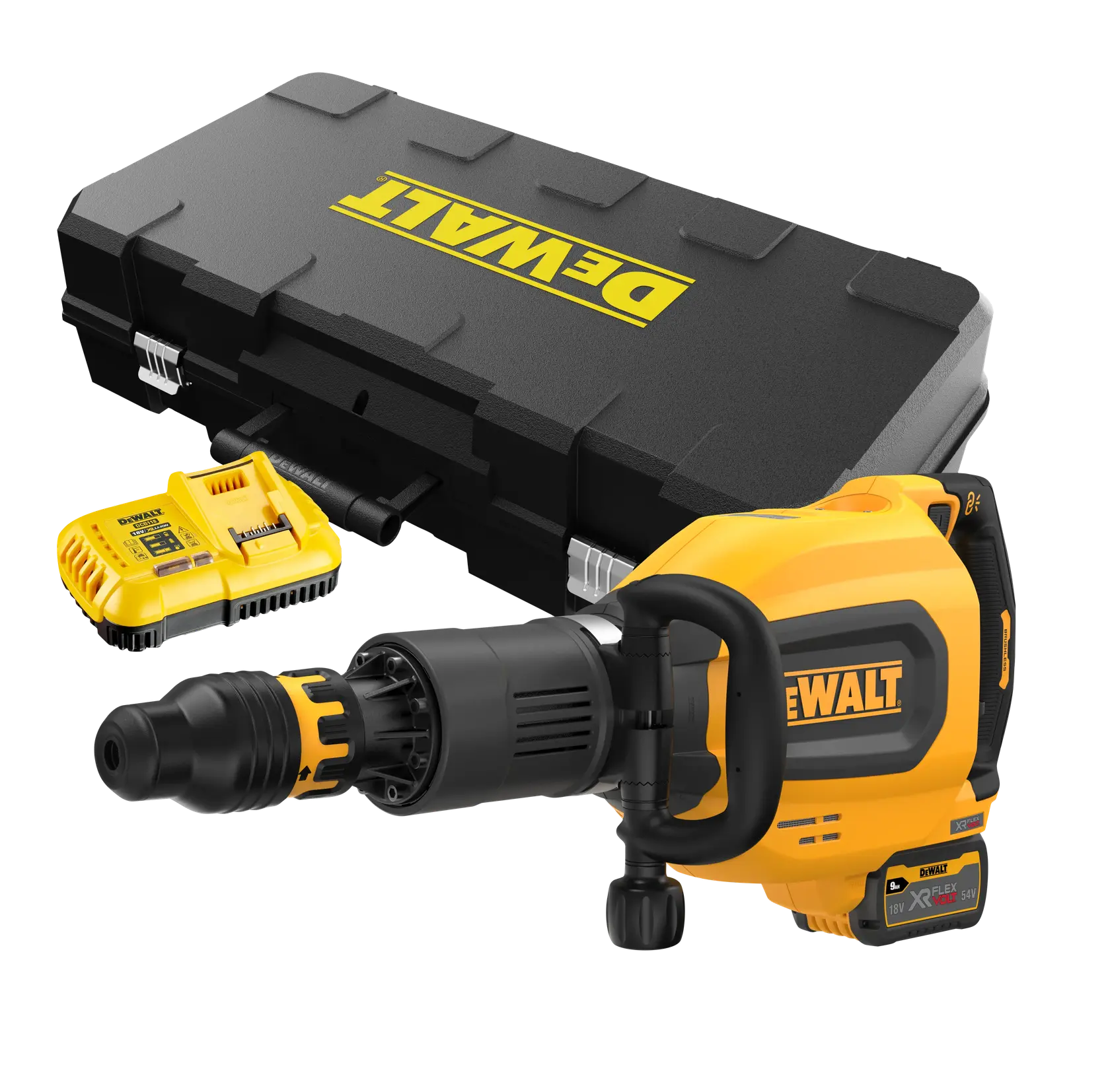 Marteau rotatif sans fil DEWALT, batterie, chargeur et mallette de transport.