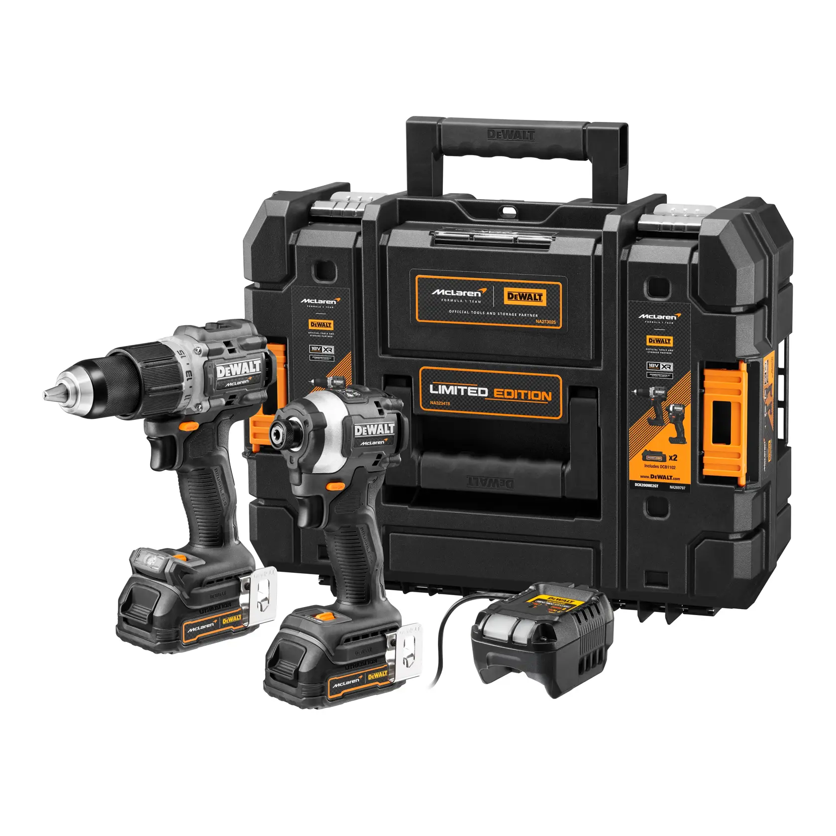Ensemble d'outils édition limitée DEWALT avec deux outils électriques sans fil, un chargeur de batterie et une mallette de transport robuste noire avec des accents orange et le logo McLaren.