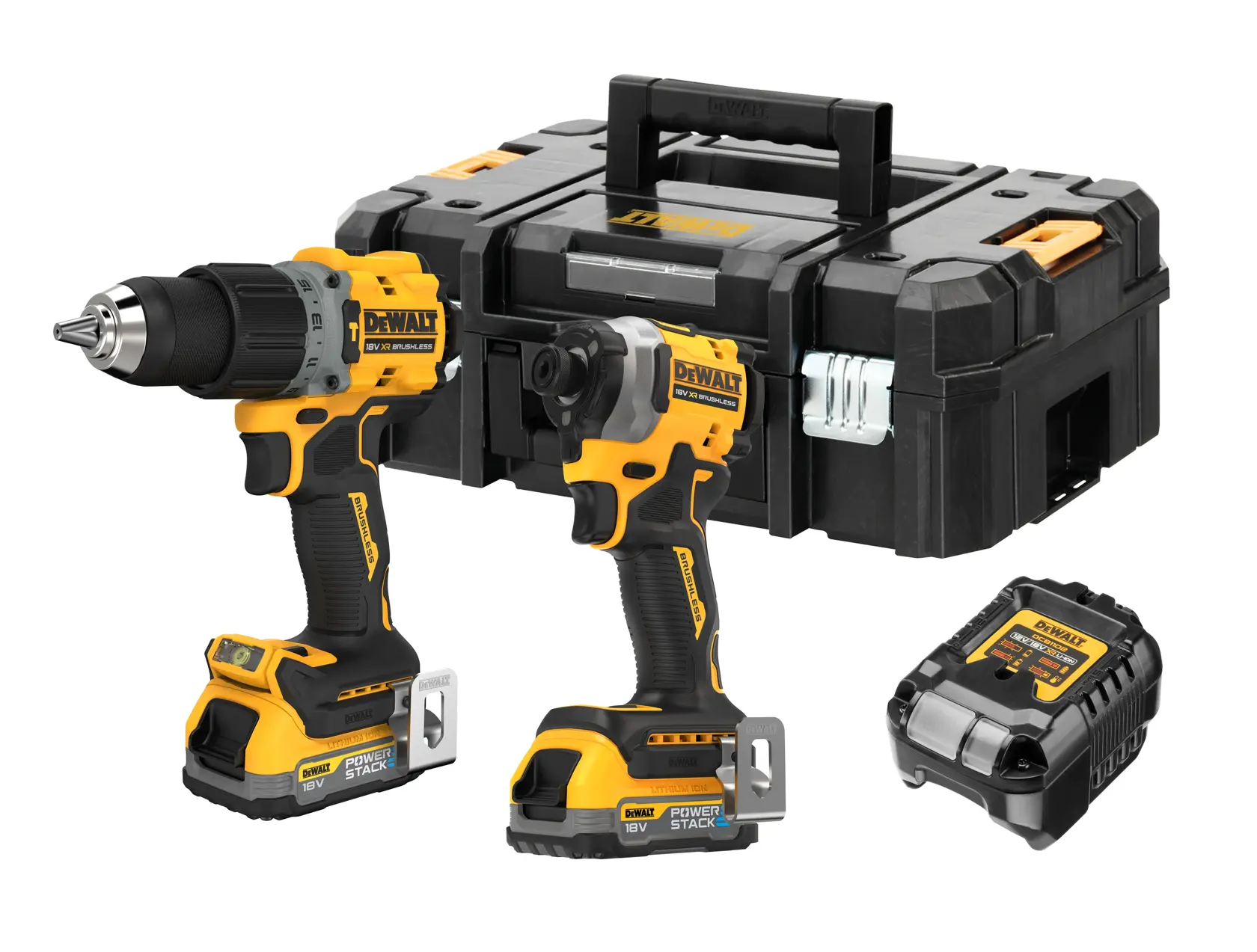 Kit DEWALT avec deux outils sans fil, un chargeur, et une mallette rigide.