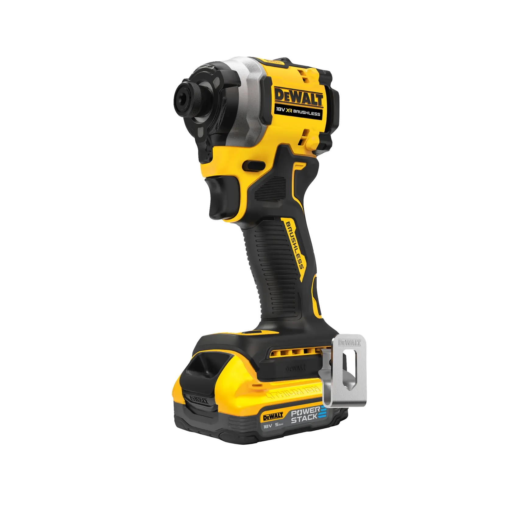 Visseuse à choc DEWALT 18V XR brushless avec batterie POWERSTACK, jaune et noire, sur fond blanc.