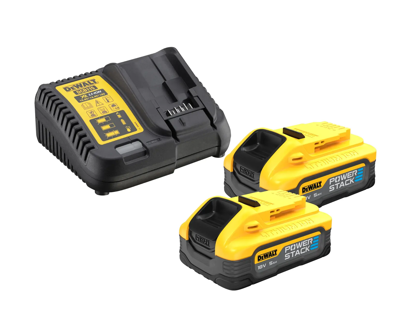 Chargeur DEWALT et deux batteries 18V PowerStack lithium-ion sur fond blanc.