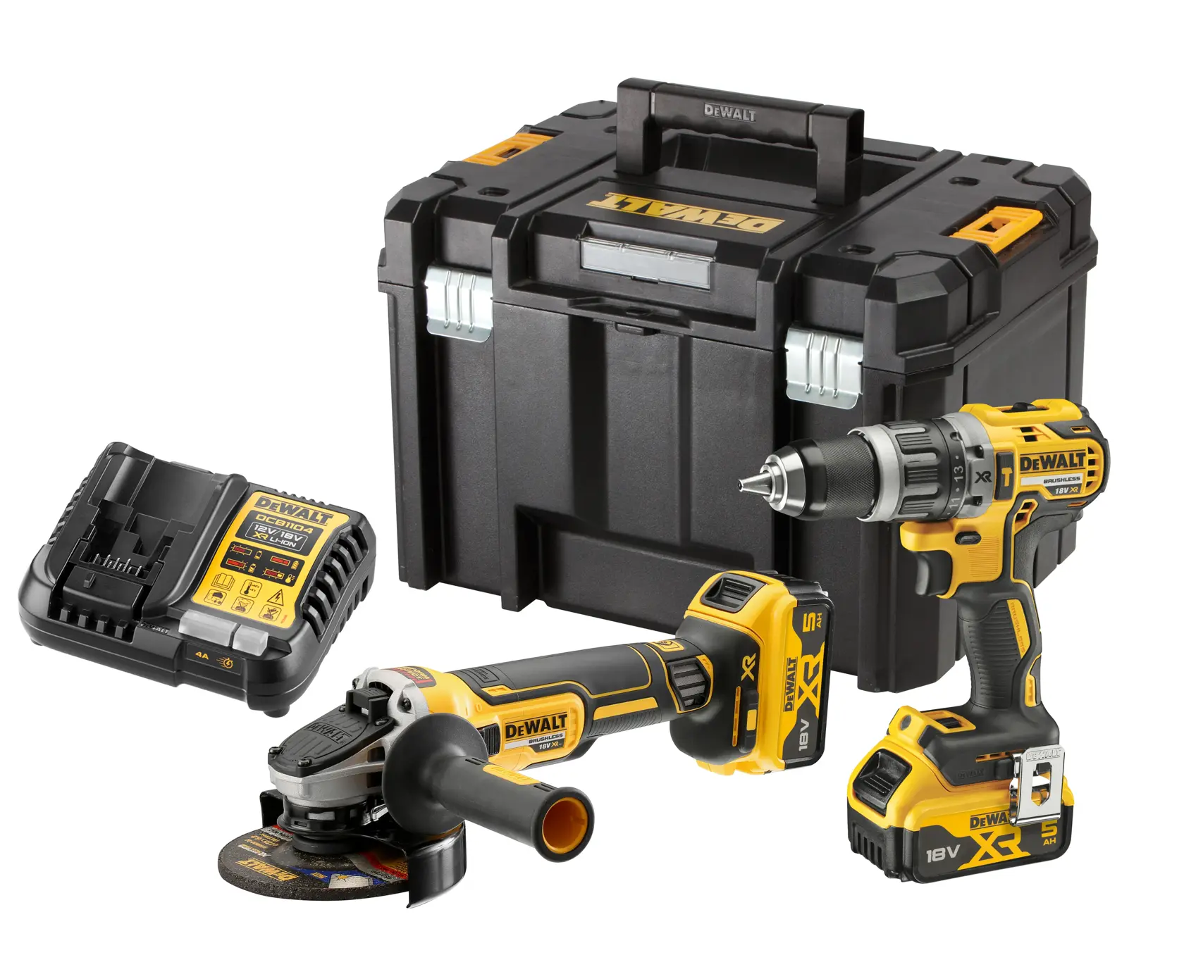 Kit DEWALT avec boîte, perceuse sans fil, meuleuse, batteries et chargeur.