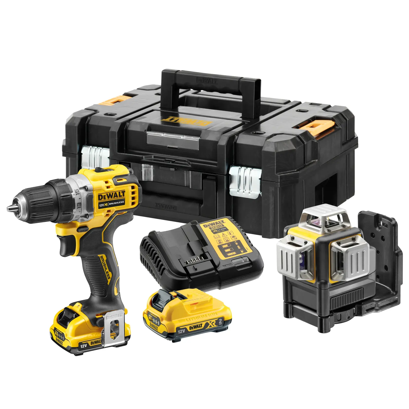 Kit d’outils DEWALT comprenant une perceuse sans fil, un chargeur de batterie, deux batteries, un niveau laser et une robuste valise noire.