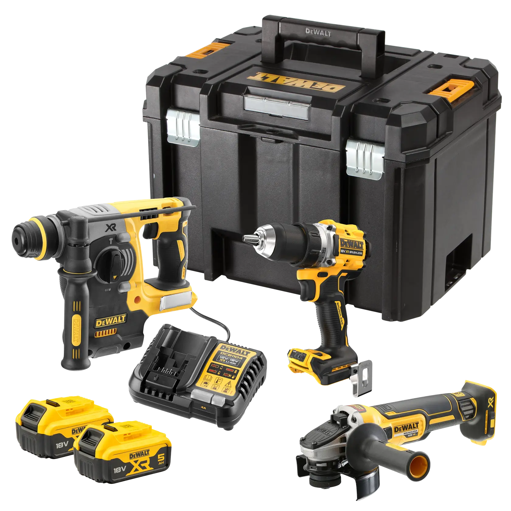 Kit DEWALT avec perceuse, meuleuse, perforateur, deux batteries, chargeur et mallette rigide.