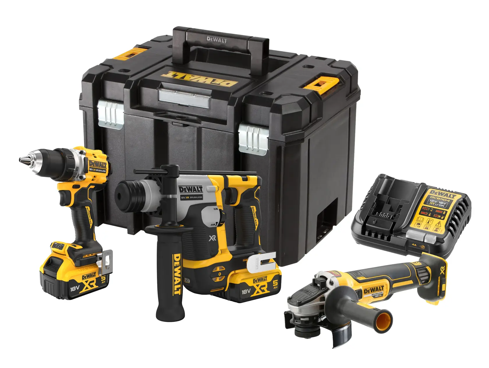 Kit d’outils DEWALT avec perceuse, marteau rotatif, meuleuse, chargeur et boîte de transport noire.