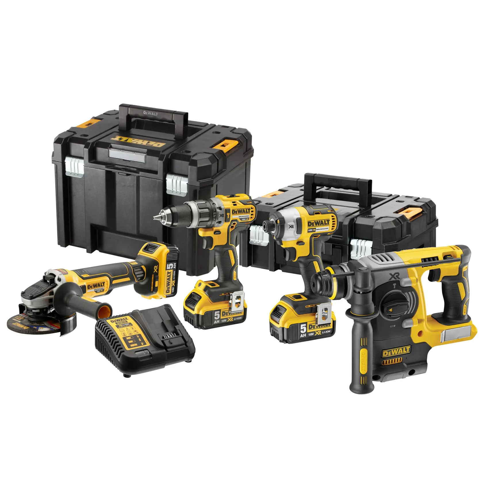 Kit DEWALT avec perceuse, visseuse, meuleuse, marteau perforateur, coffrets et chargeur.