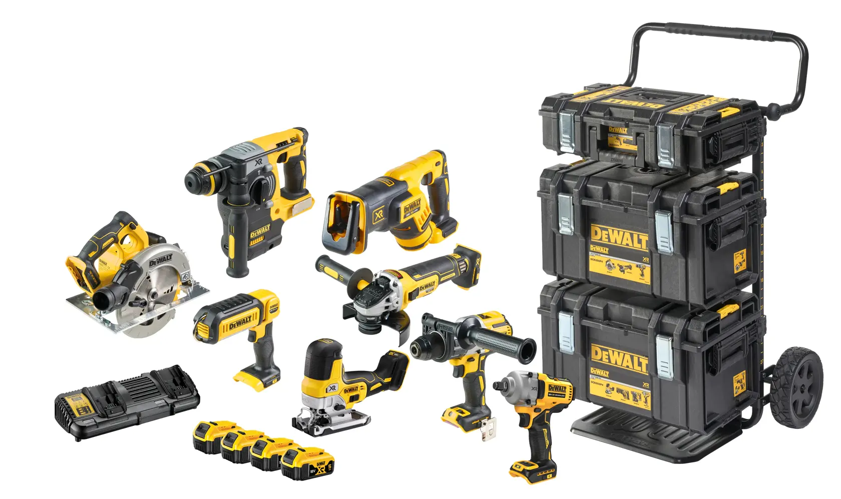 Un ensemble DEWALT de 8 outils électroportatifs sans fil comprenant une scie circulaire, une perceuse à percussion, une scie sabre, une meuleuse d’angle, une scie sauteuse, une visseuse à percussion, des batteries, un chargeur et trois boîtes à outils empilées sur roulettes.