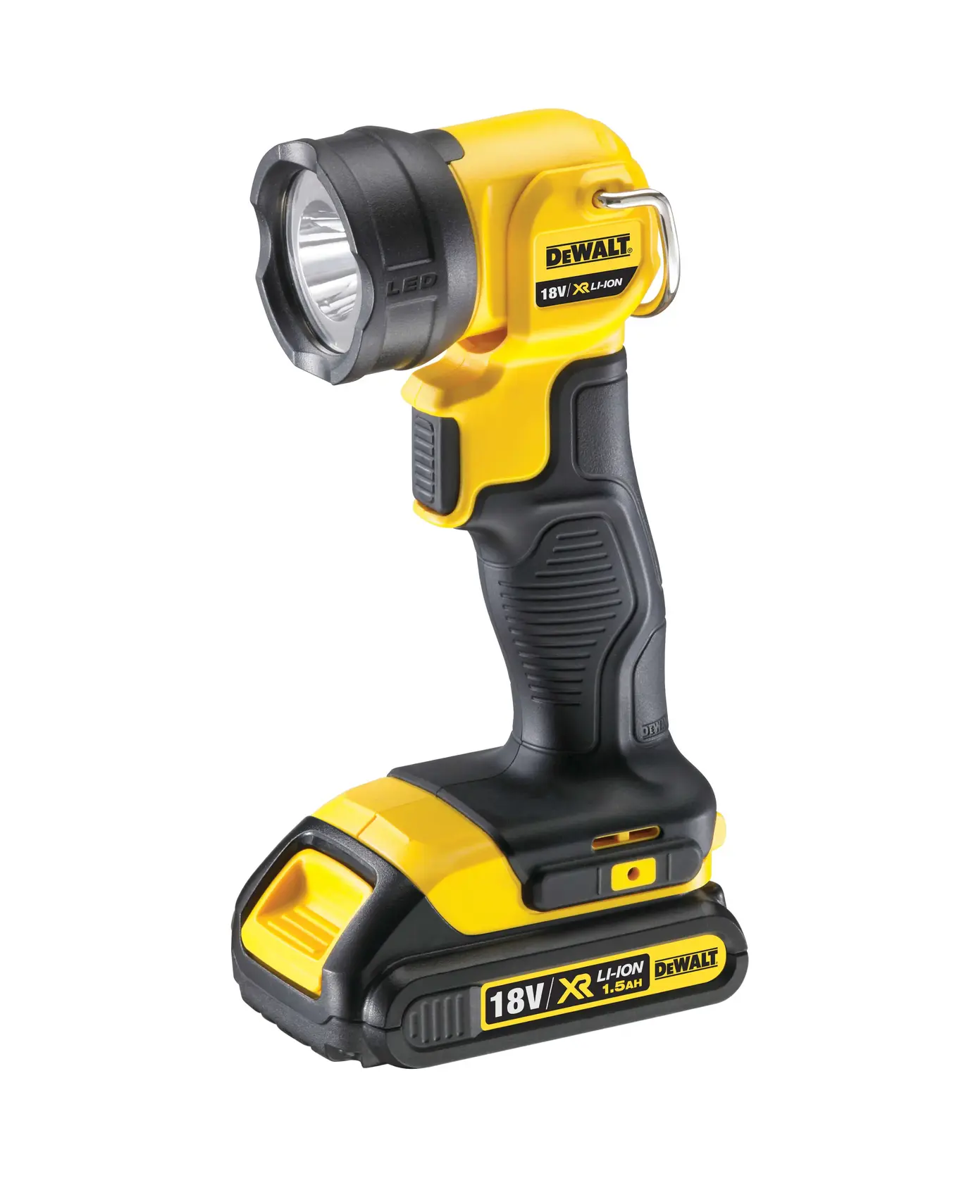 Photo de la lampe LED DEWALT DCL040, noire et jaune, debout avec batterie 18V XR Li-Ion, angle latéral.