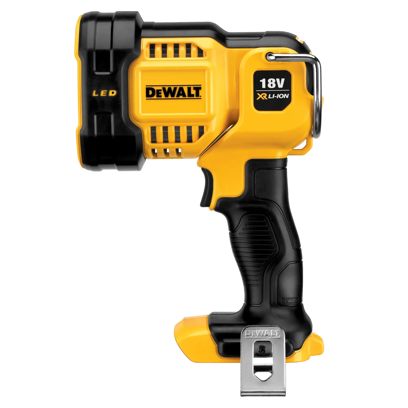 Une lampe de travail LED portable DEWALT 20V MAX avec quatre ampoules LED et une poignée ergonomique noire et jaune, debout sur un fond blanc.