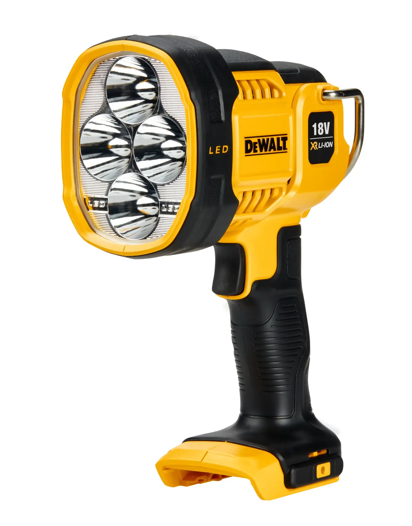 Une lampe de travail LED portable DEWALT 20V MAX, avec un design ergonomique noir et jaune, une poignée proéminente et un compartiment pour batterie en bas.