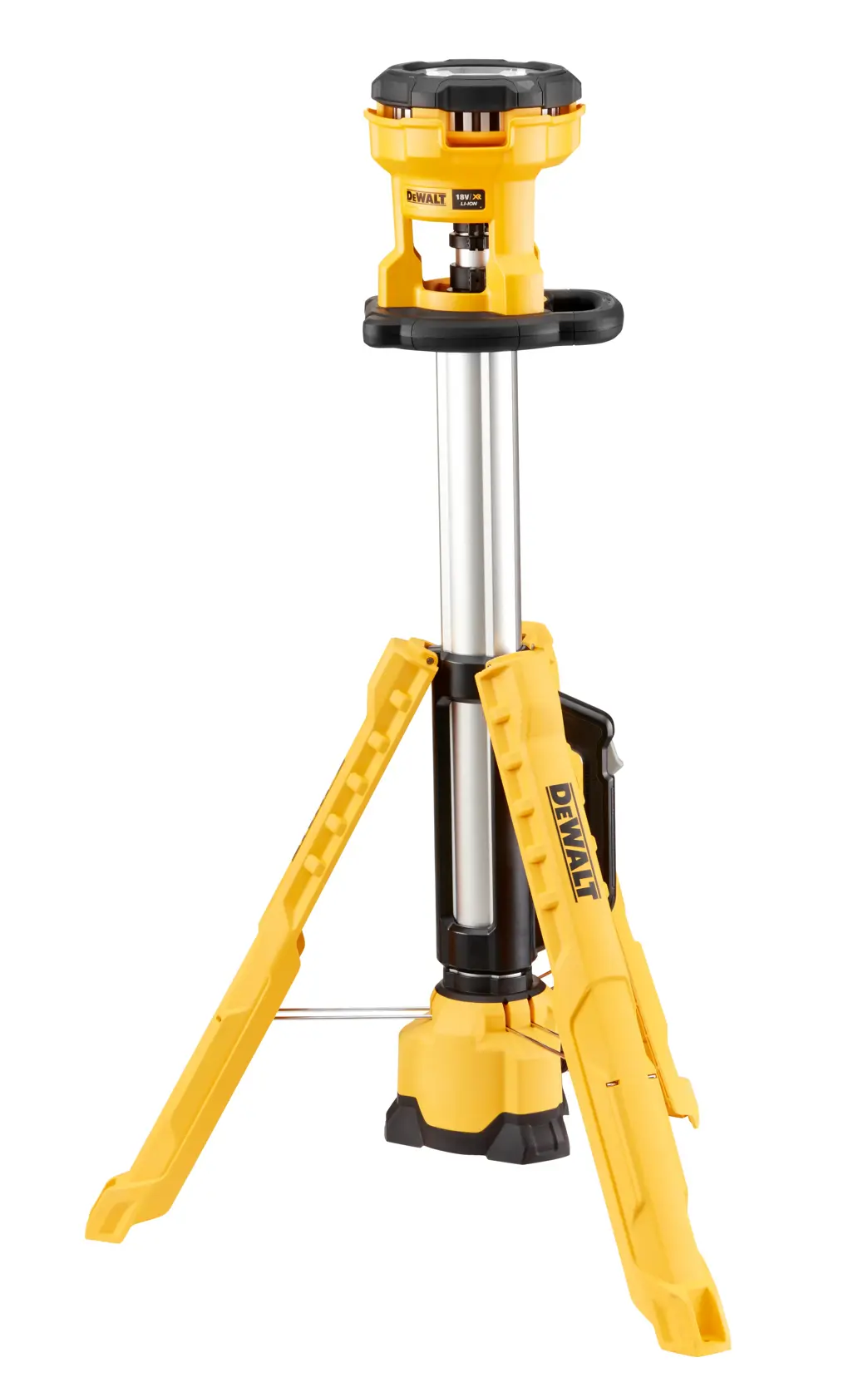 Une lampe de chantier LED portable DEWALT DCL079 sur trépied avec hauteur réglable, de couleur jaune et noire, présentée en position déployée sur ses trois pieds.