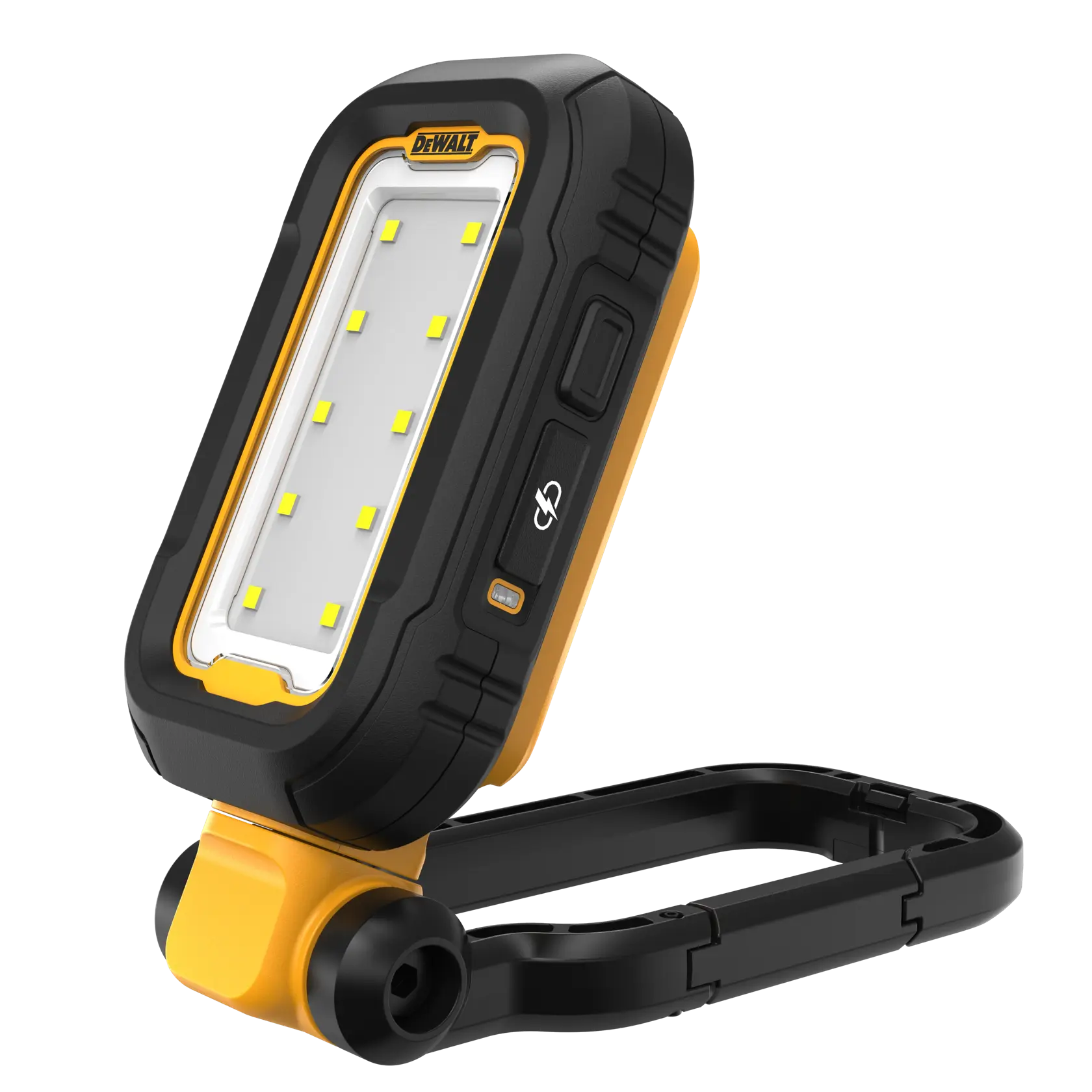 Lampe de travail LED portable DEWALT DCL182 avec un boîtier robuste noir et jaune, un support réglable et plusieurs ampoules LED, présentée sur fond blanc.