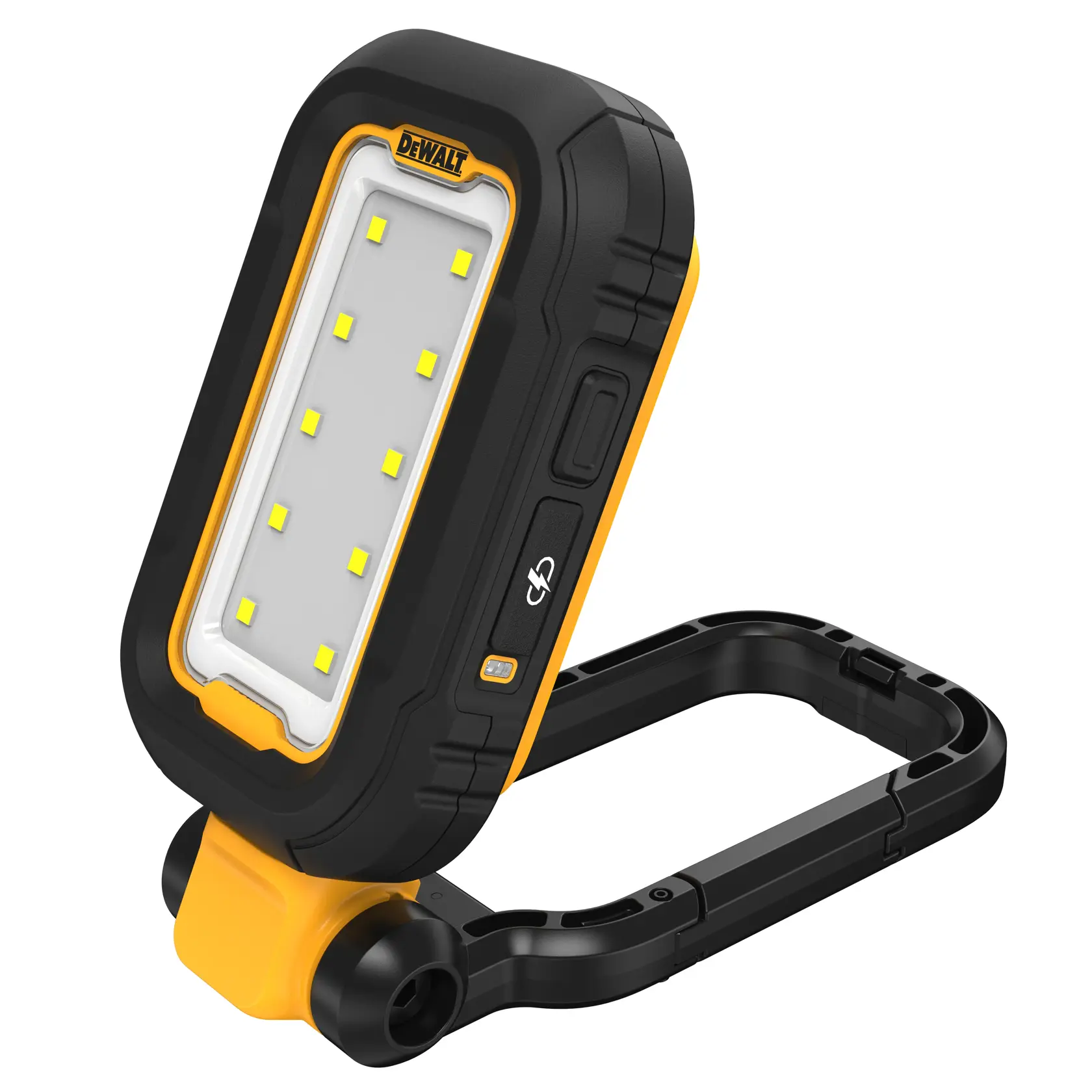 Une lampe de travail LED portable DEWALT avec un boîtier noir et jaune, comprenant un panneau lumineux rectangulaire avec plusieurs LED et un support pliable.