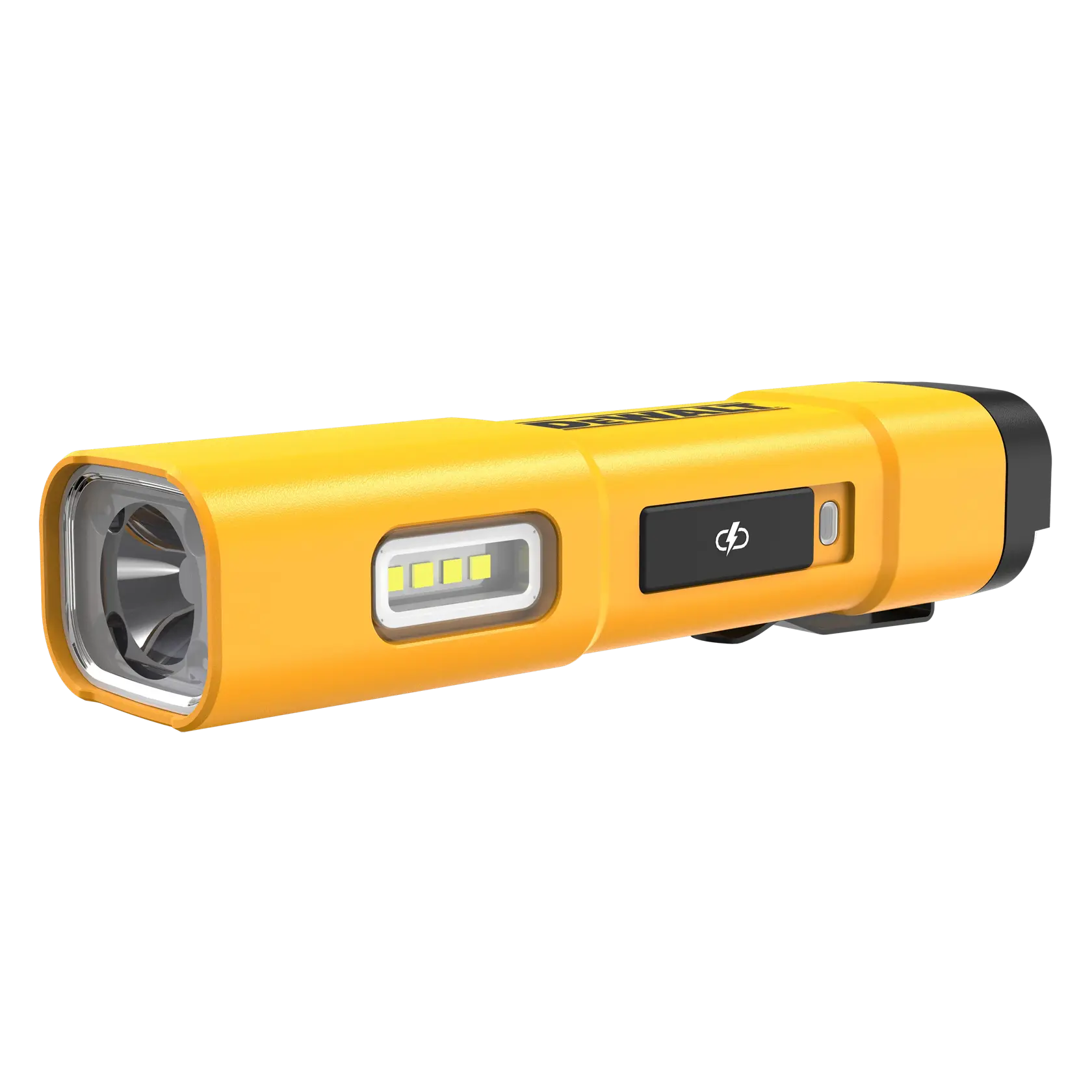 Lampe torche LED rechargeable DEWALT DCL183 jaune, de forme rectangulaire, dotée d'une rangée latérale de LED et d'un bouton d'alimentation.