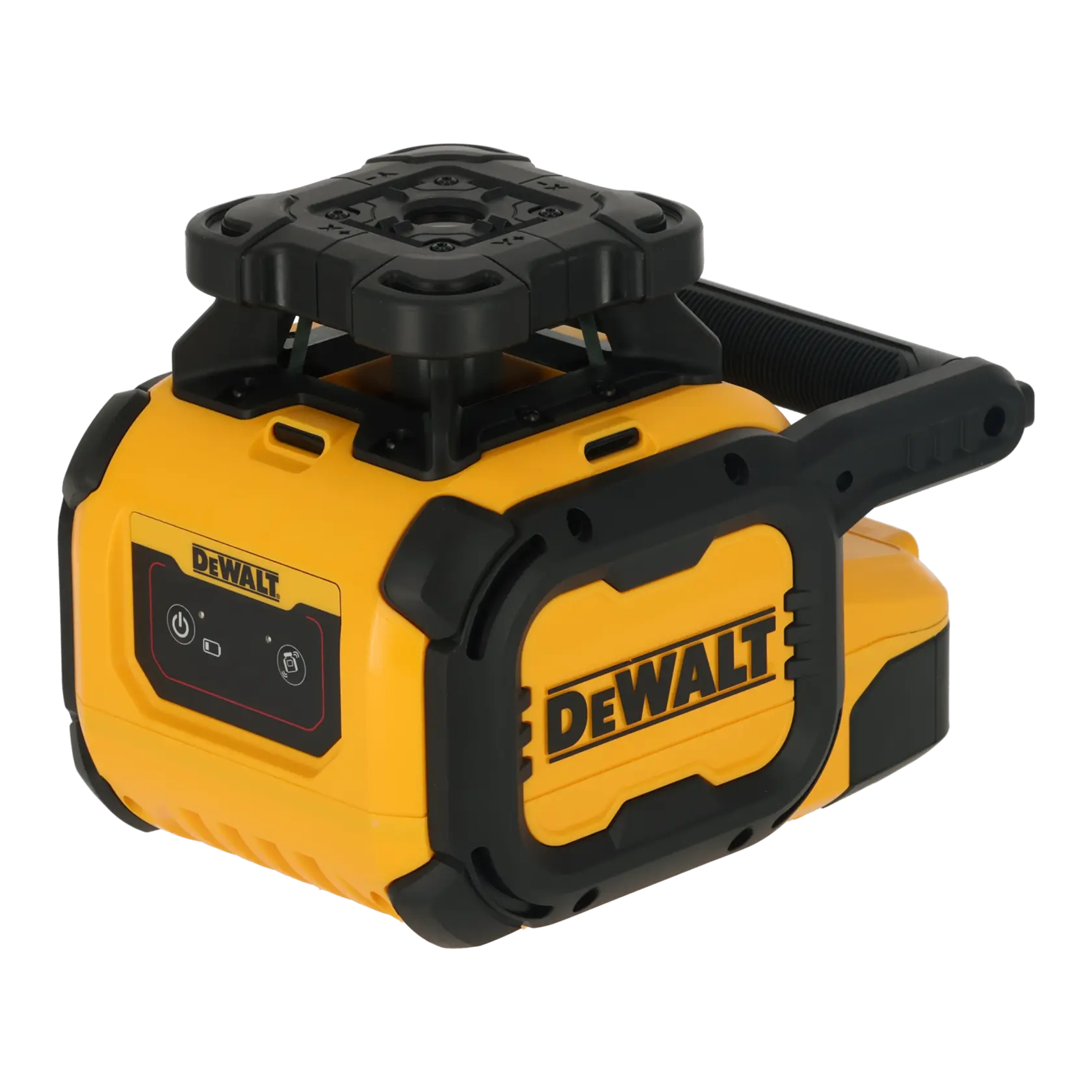 Niveau laser rotatif jaune DEWALT DCLE05211R avec accents noirs et panneau de contrôle.