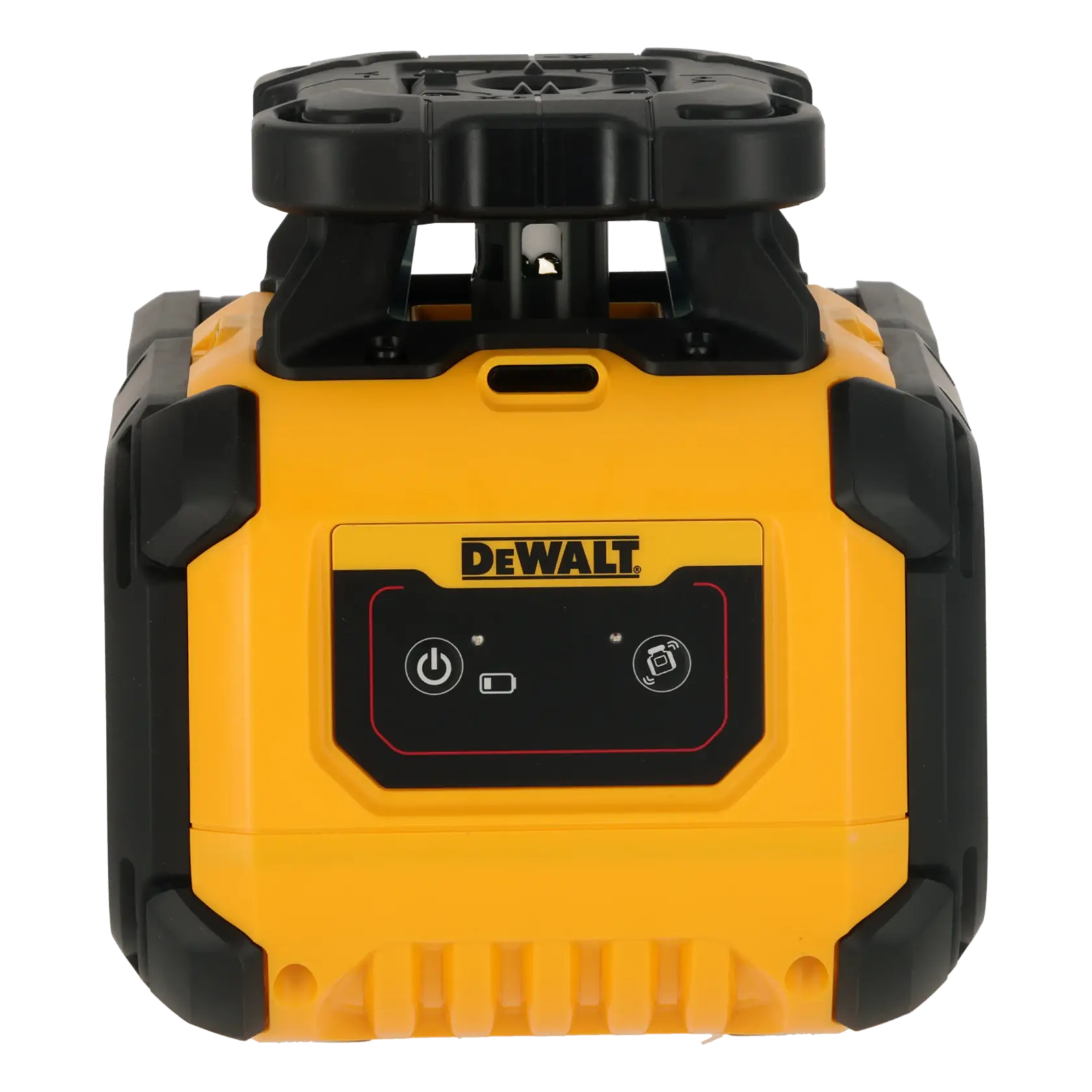 Vue avant d'un niveau laser rotatif DEWALT jaune avec panneau de commande et accents noirs.