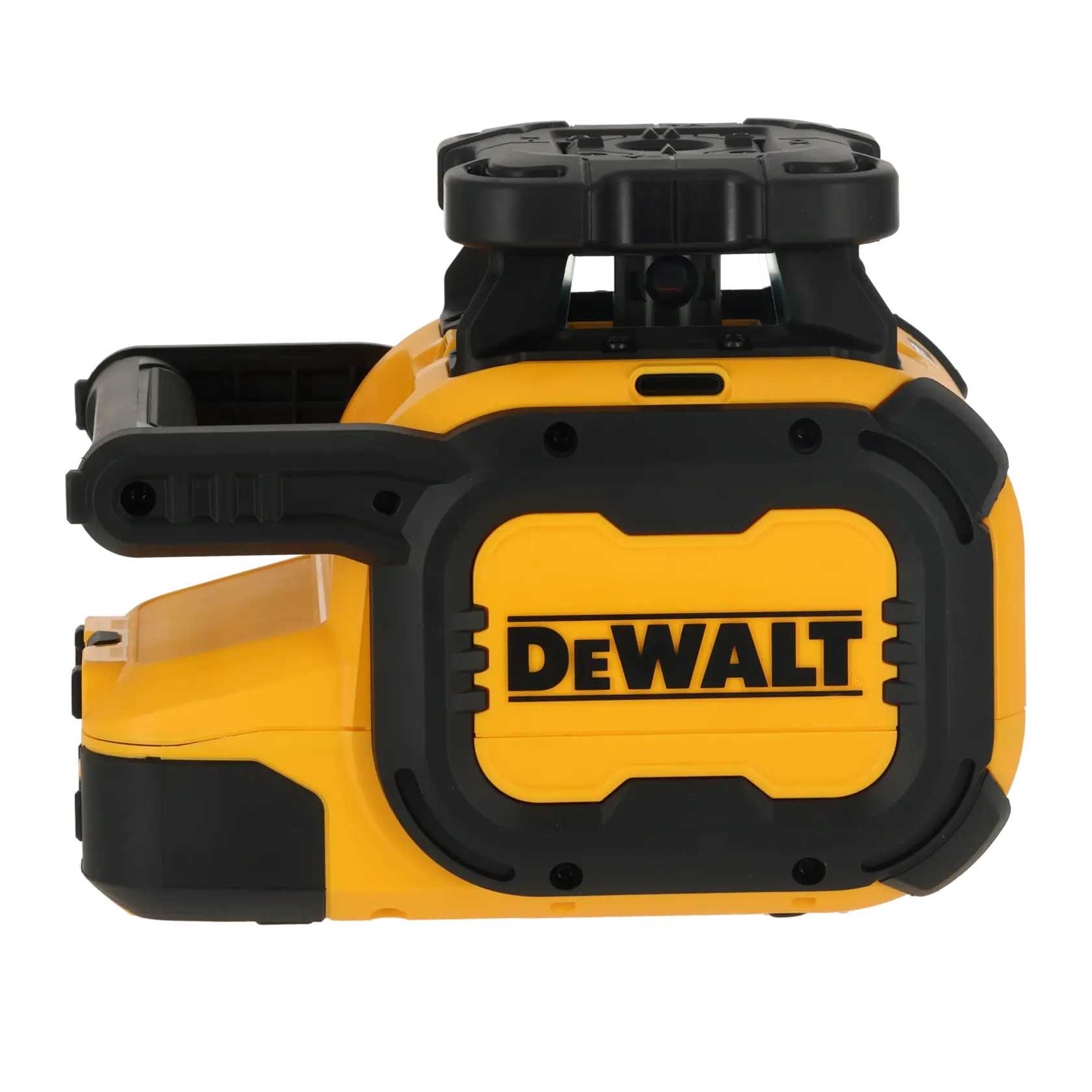 Niveau laser rotatif DEWALT jaune et noir, DCLE05211R, vue latérale pour photographie et alignement.