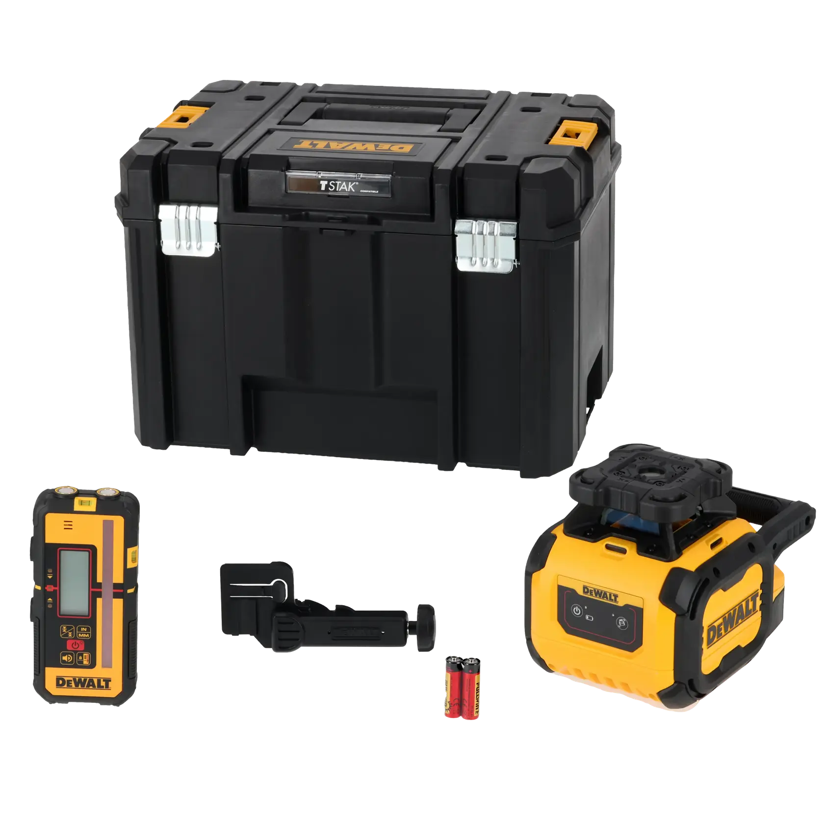 Kit niveau laser DEWALT avec boîte, détecteur numérique, support et piles, présenté sur fond blanc.