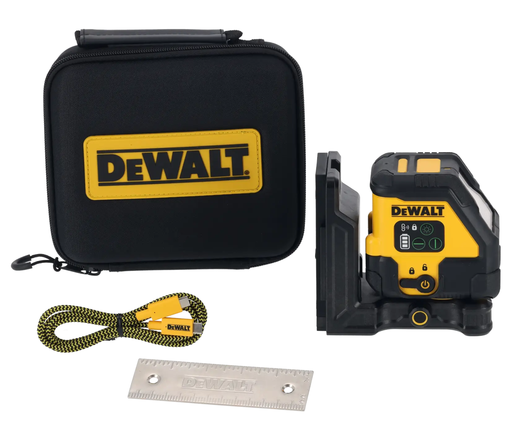 Kit niveau laser DEWALT avec boîtier, câble USB, règle métallique et appareil jaune-noir visible.