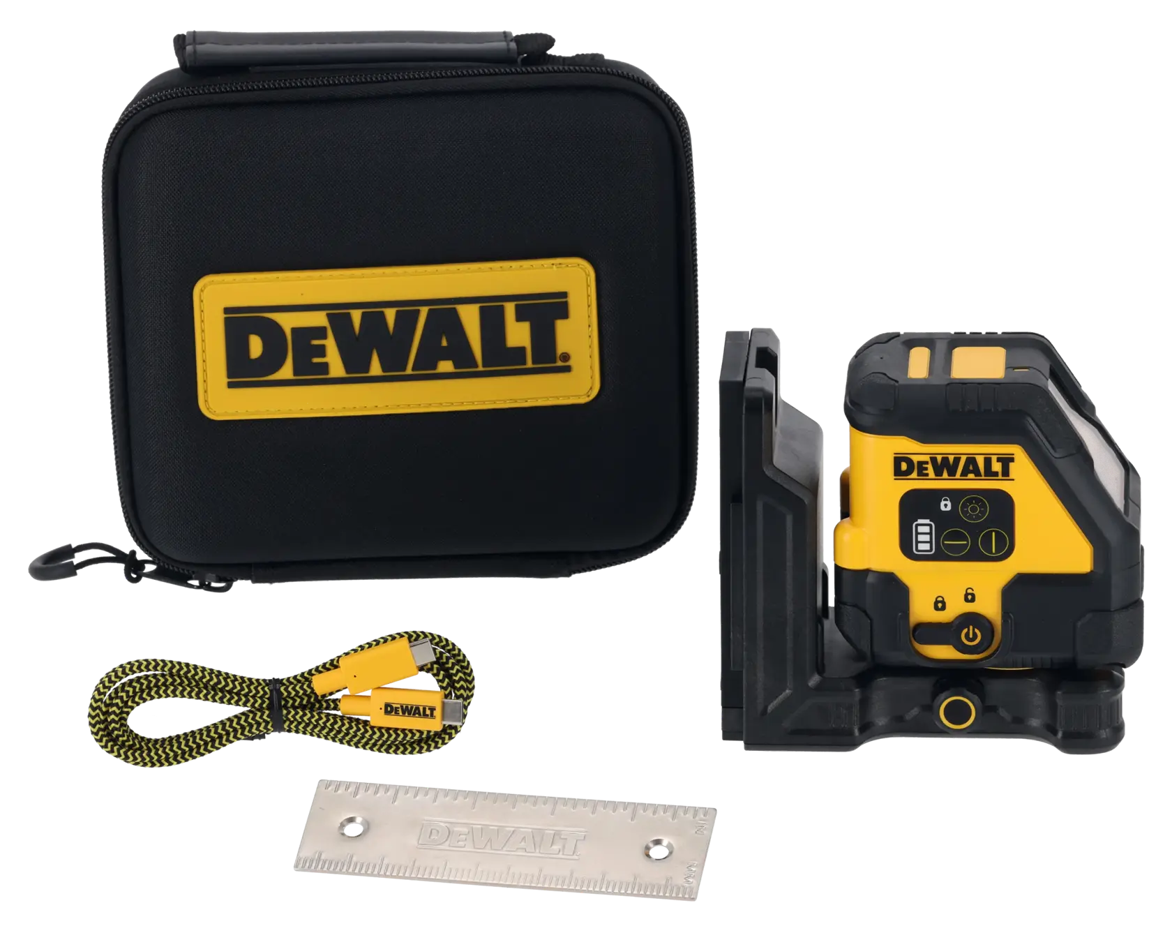 Kit de niveau laser DEWALT comprenant un appareil de niveau laser noir et jaune, une mallette de transport robuste avec poignée et logo DEWALT, un câble de chargement USB-C jaune et une règle en métal.
