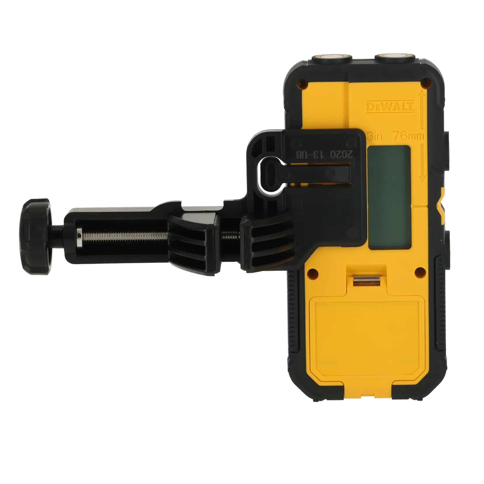 Produit photo DEWALT, DCLE15211R et DCLE15211R-QW, appareil jaune-noir avec pince.