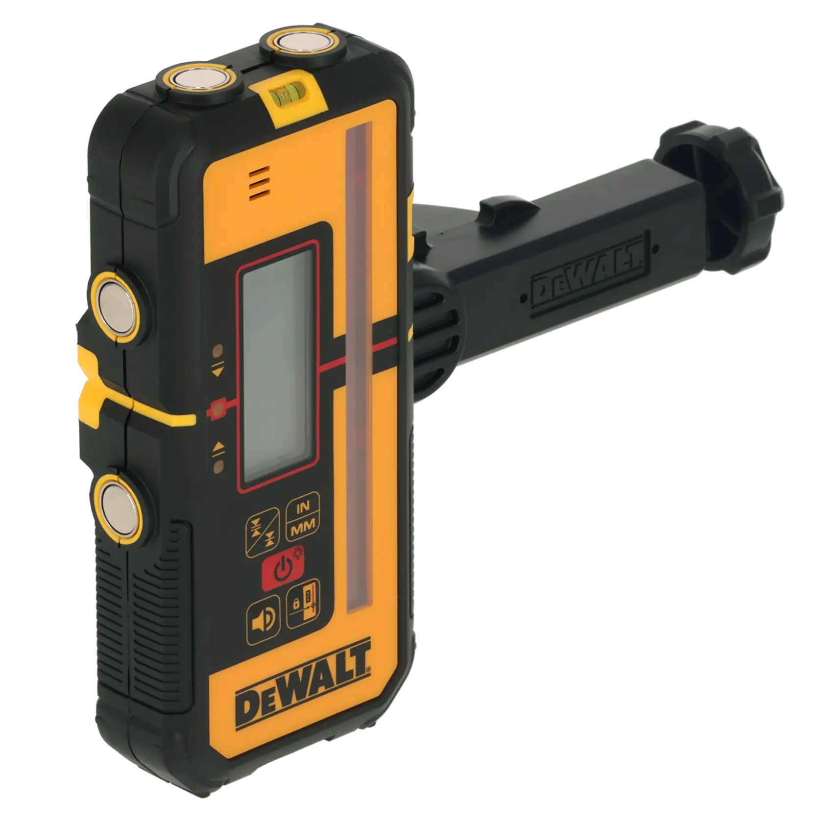 Outil photo DEWALT DCLE15211R, DCLE15211R-QW avec écran et support, design compact jaune et noir.