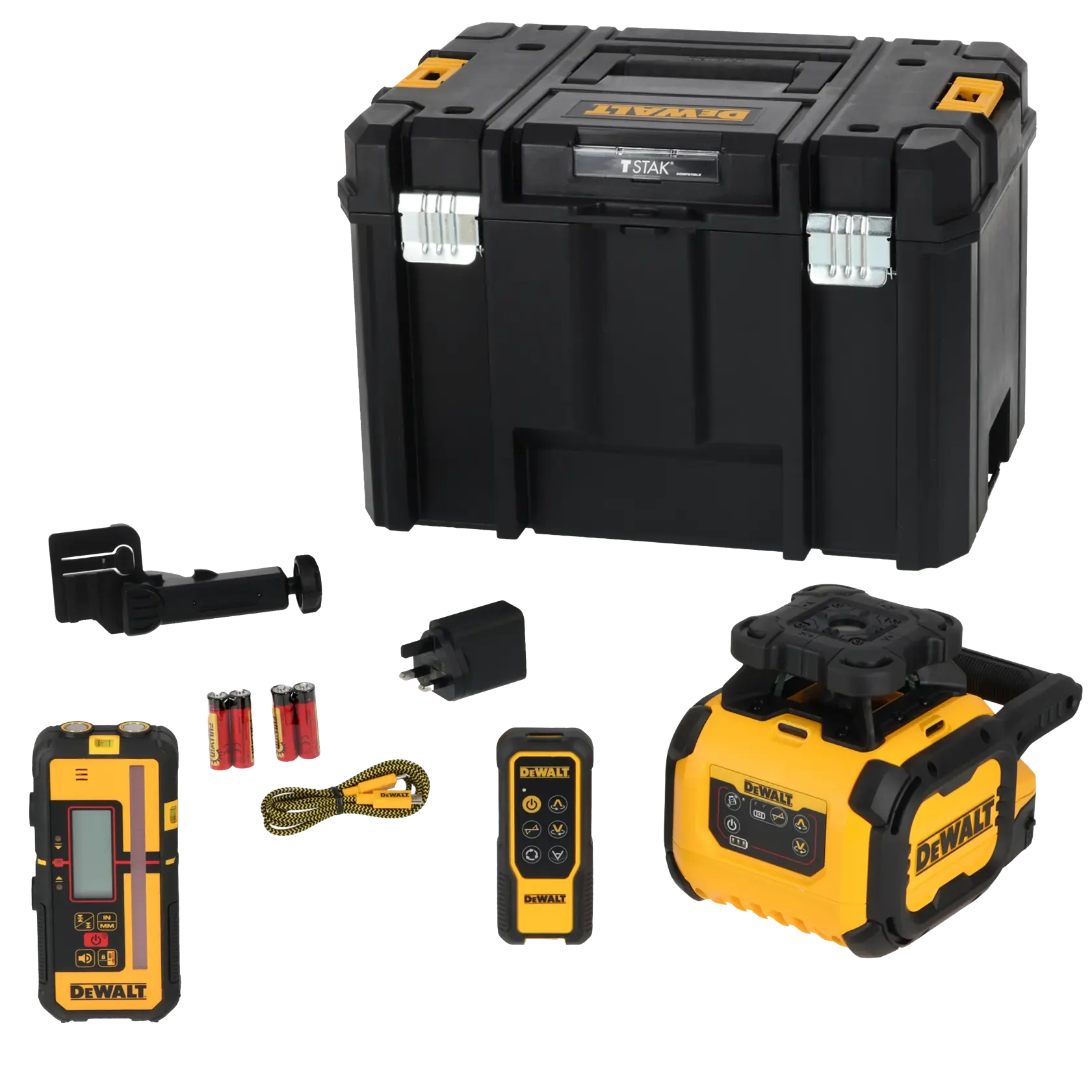 Kit de photographie DEWALT avec boîtier, appareils et accessoires. SKUs : DCLE15211R, DCLE15211R-QW.
