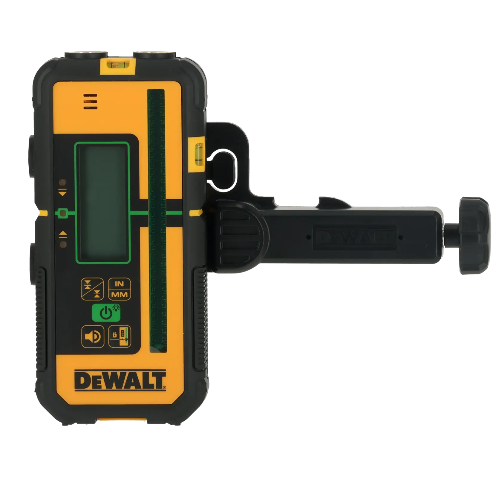 Outil de photographie DEWALT DCLE15221G-QW, DCLE15221G avec écran et pince. Design jaune et noir.