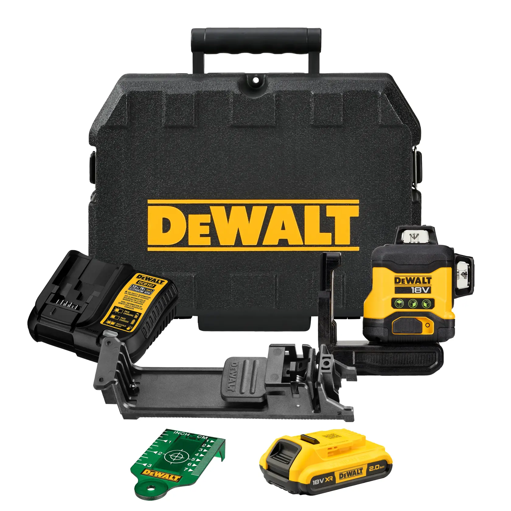 Kit de niveau laser DEWALT comprenant une mallette de transport rigide, un appareil de niveau laser, un chargeur de batterie, un support de montage, une batterie rechargeable et une plaque cible verte.