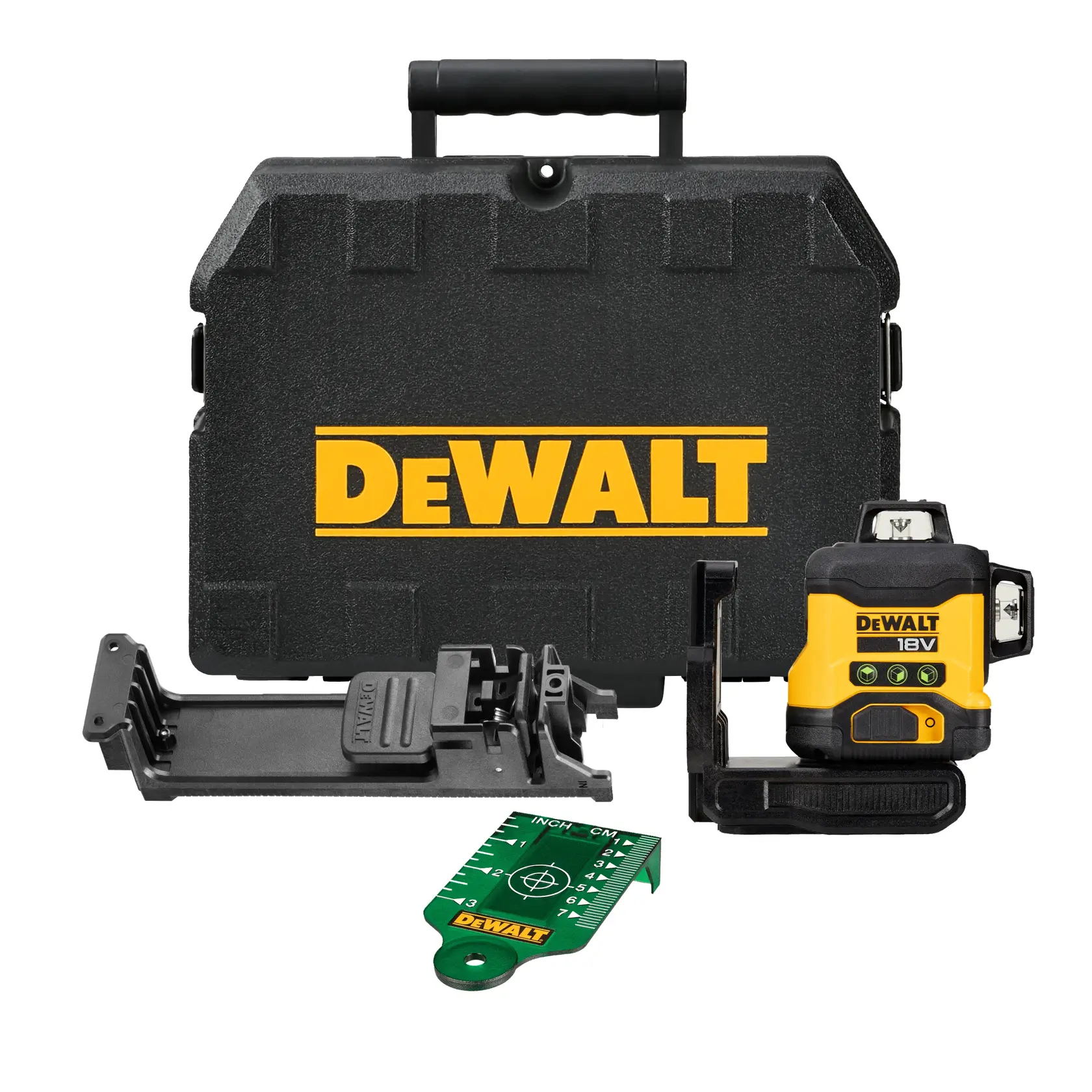 Kit de niveau laser DEWALT, comprenant une mallette noire avec le logo DEWALT, un appareil de niveau laser jaune et noir, des accessoires de montage et une cible de mesure verte.