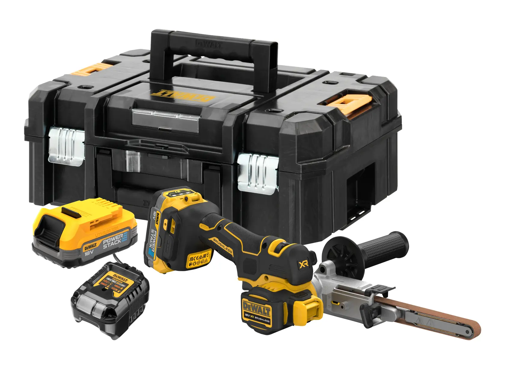 Kit DEWALT avec boîte de rangement, batterie, chargeur et ponceuse à bande sans fil sur fond blanc.