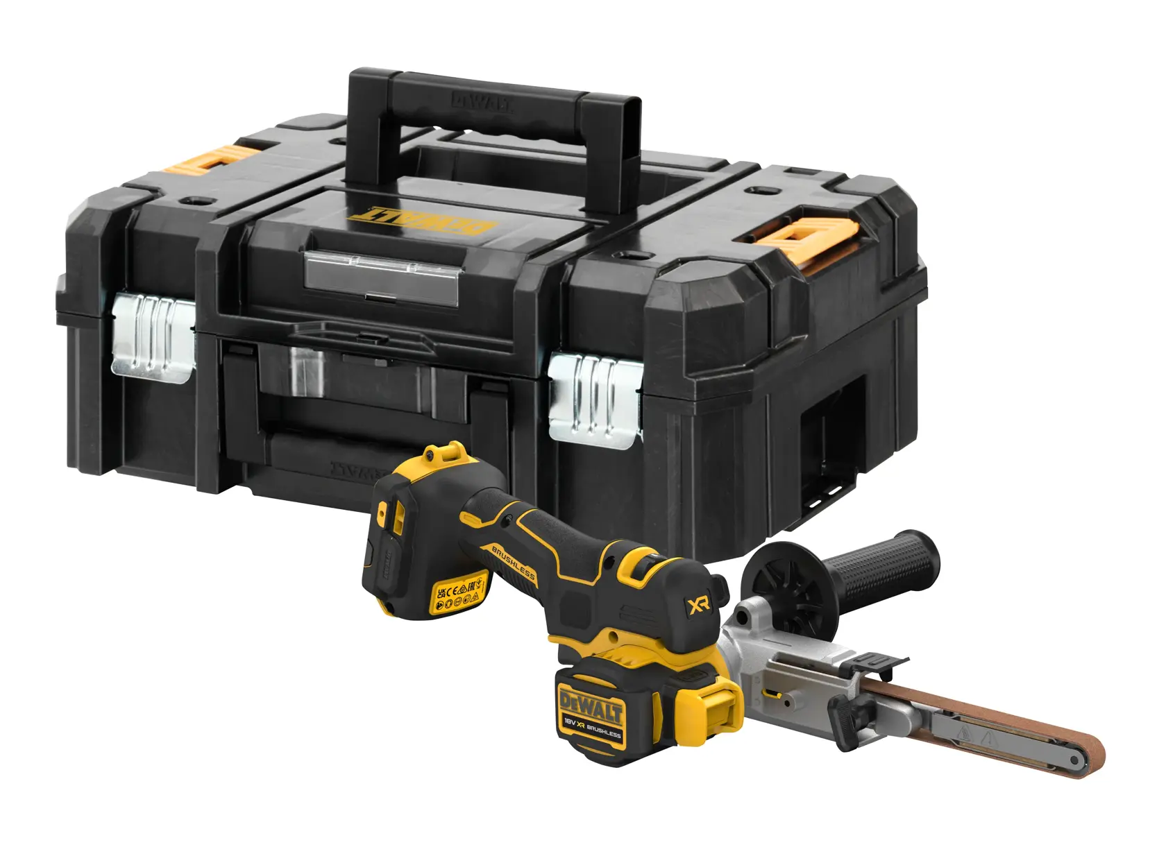 Lime à bande DEWALT sans fil et boîte à outils noire avec détails jaunes, sur fond blanc.