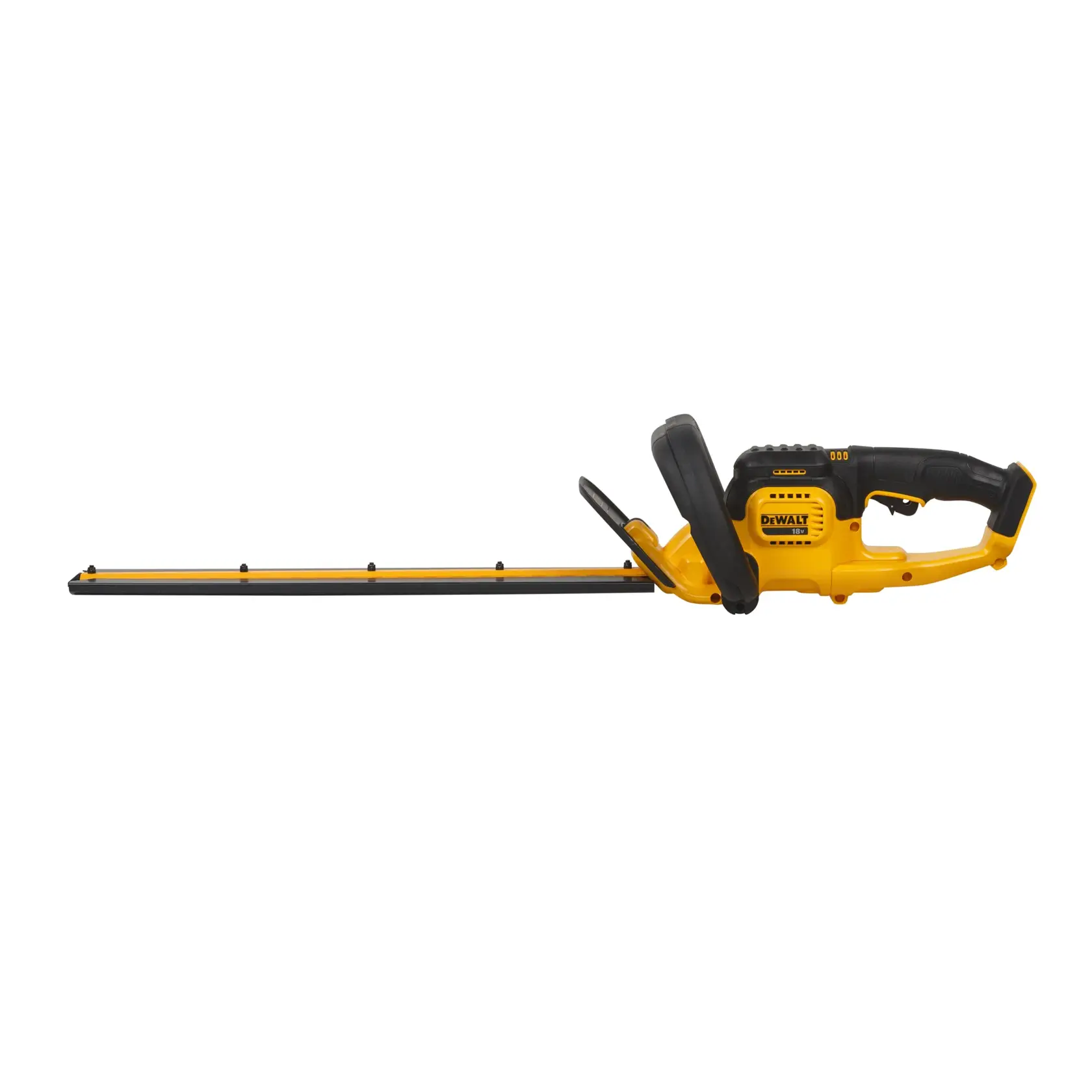 Un taille-haie sans fil DEWALT avec un design jaune et noir, doté d'une lame longue et d'une poignée ergonomique, présenté sur fond blanc.