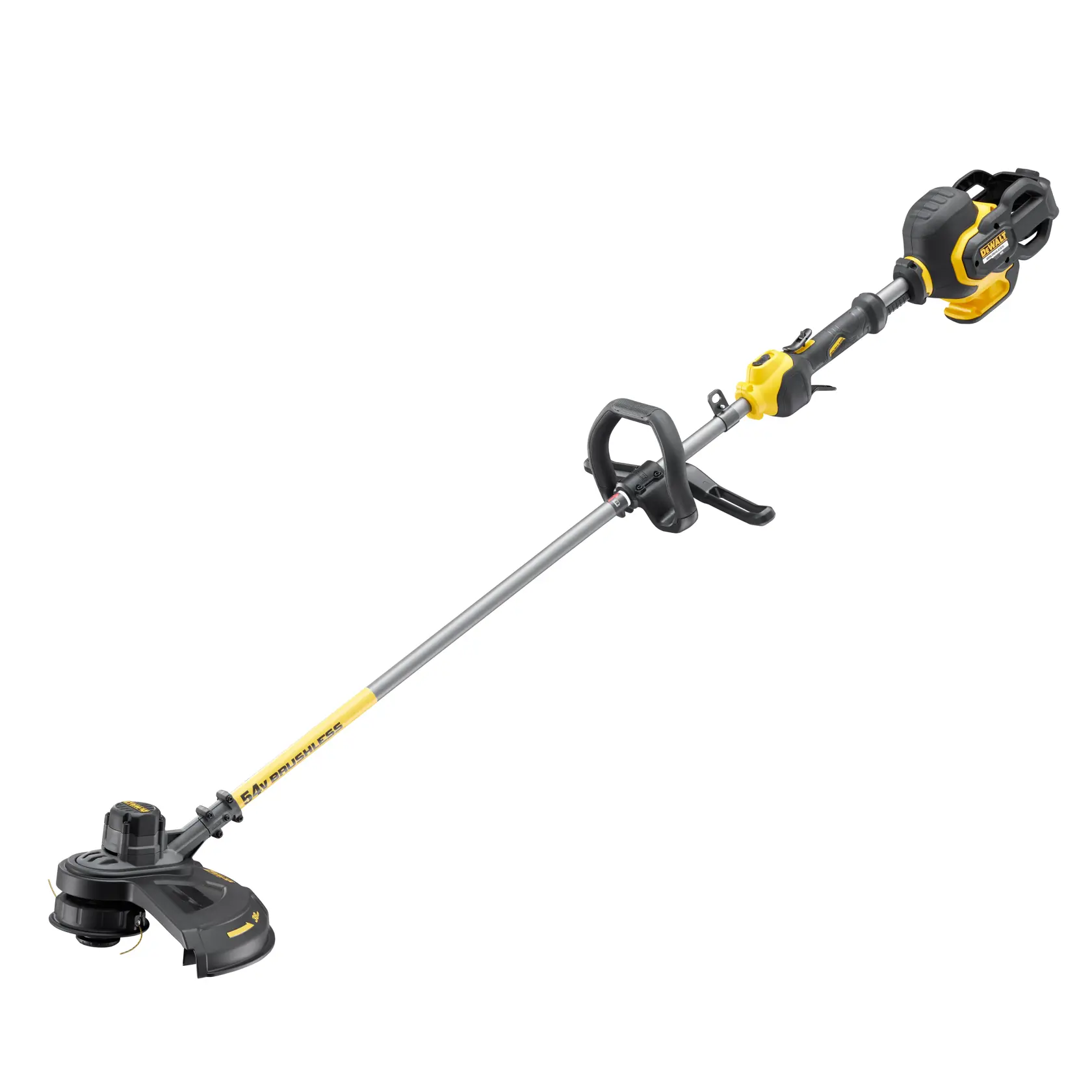Débroussailleuse sans fil DEWALT jaune et noire avec un arbre droit, une poignée et une tête de coupe.