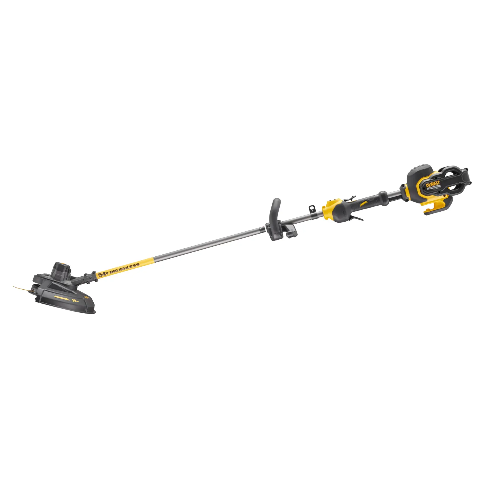 Tondeuse à gazon sans fil DEWALT DCM571N avec moteur brushless, design jaune et noir, comprenant un long manche en métal et une poignée ergonomique.