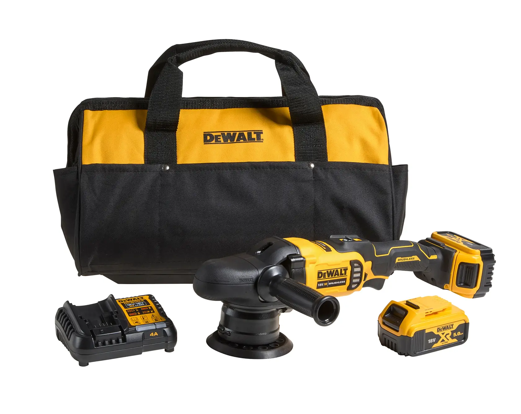 Kit de polisseuse sans fil DEWALT avec outil, batterie, chargeur et sac de transport noir-jaune.