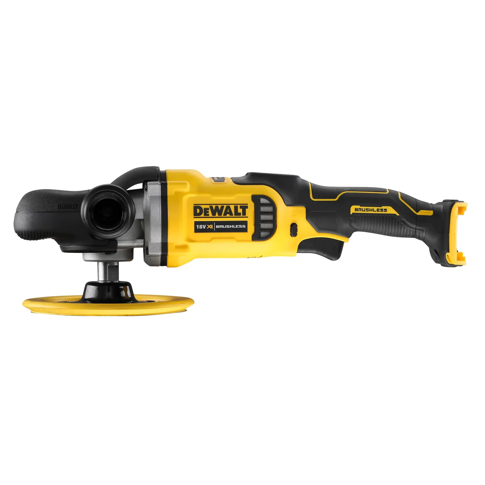 Polisseuse sans fil DEWALT brushless jaune et noire avec poignée latérale et plateau de polissage.