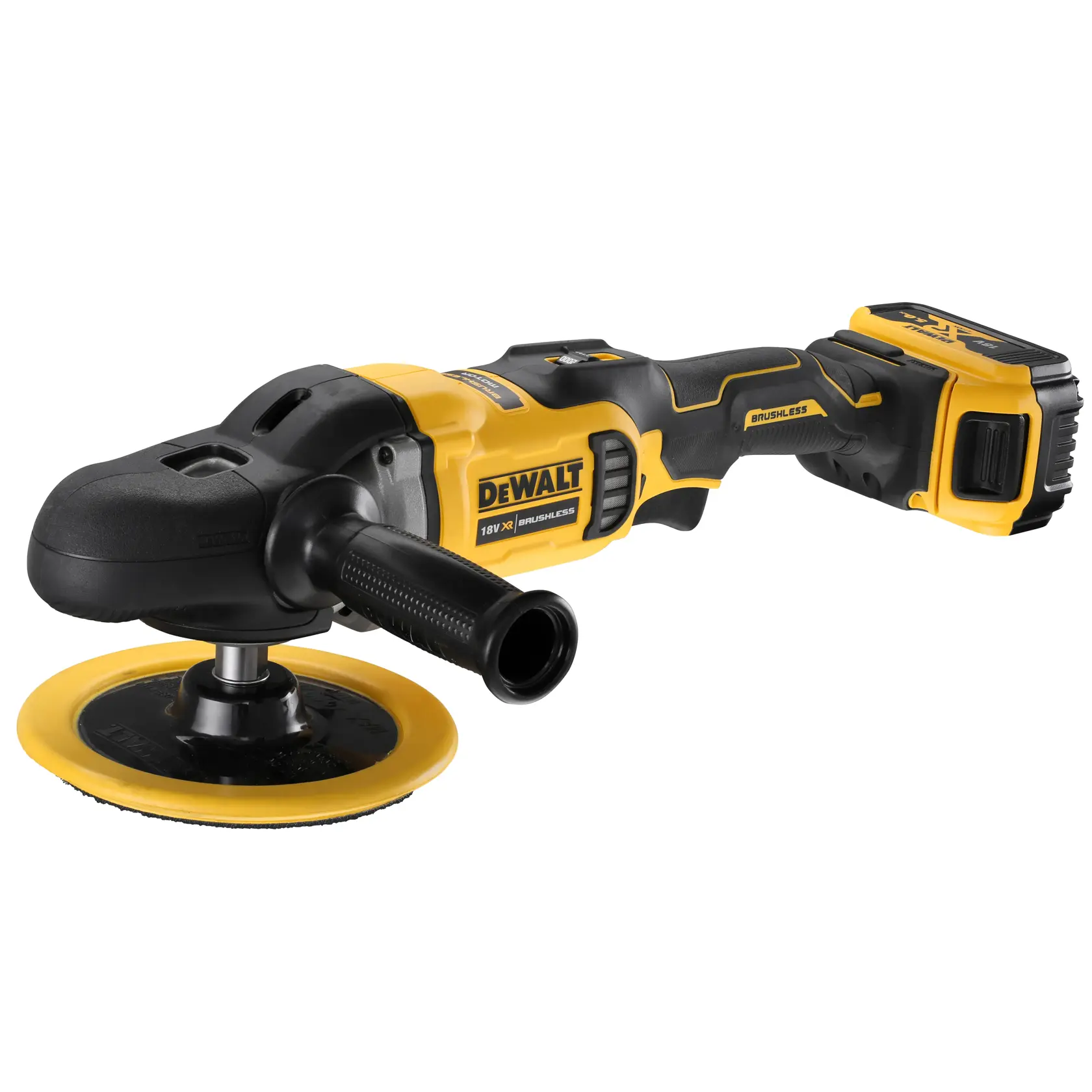 Polisseuse sans fil DEWALT jaune et noire, poignée latérale et batterie fixée à l'arrière.