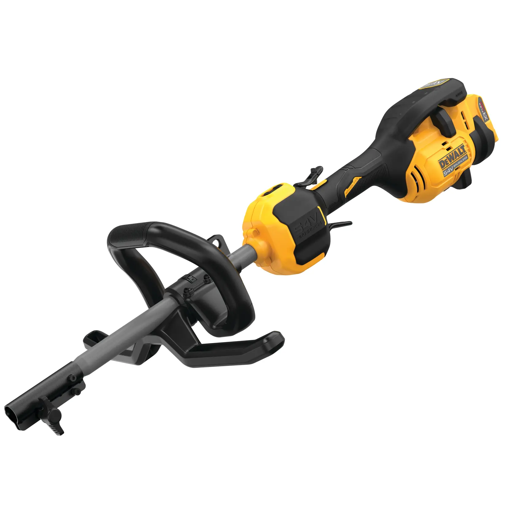 Un outil électrique sans fil DEWALT avec un design jaune et noir, doté d'une poignée et d'un connecteur d'accessoire, présenté sur fond blanc.