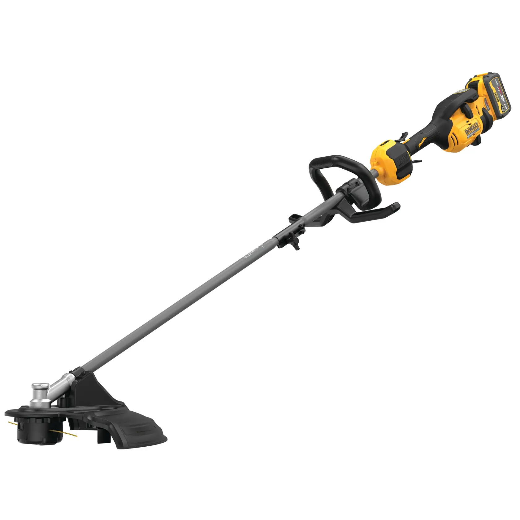 Coupe-bordures sans fil DEWALT avec un long manche gris, une poignée noire et jaune, et une batterie fixée à l'extrémité. La tête de coupe est munie d'une protection et de deux fils de coupe.