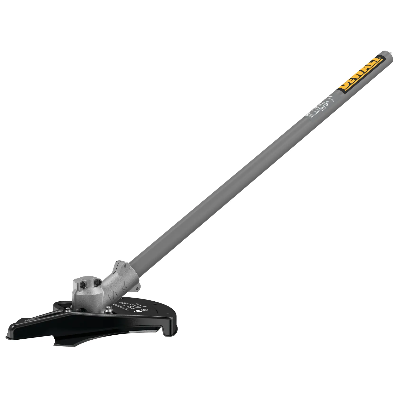 Un accessoire de coupe-bordures DEWALT avec un long manche gris et un carter de protection noir, conçu pour l'entretien des espaces verts et du jardin.