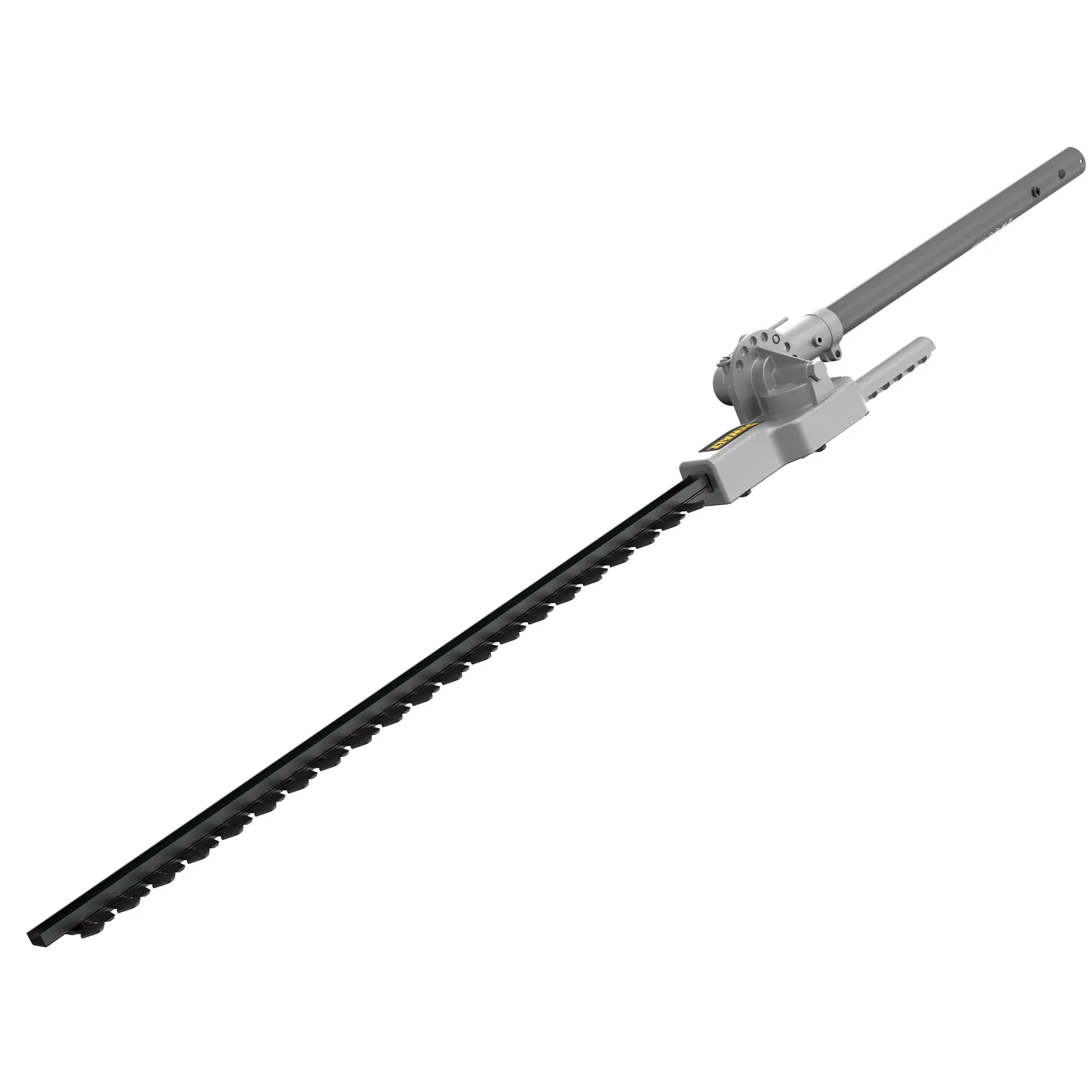 Un accessoire de taille-haie DEWALT avec une longue lame noire et un boîtier argenté, conçu pour être utilisé avec un outil électrique compatible.