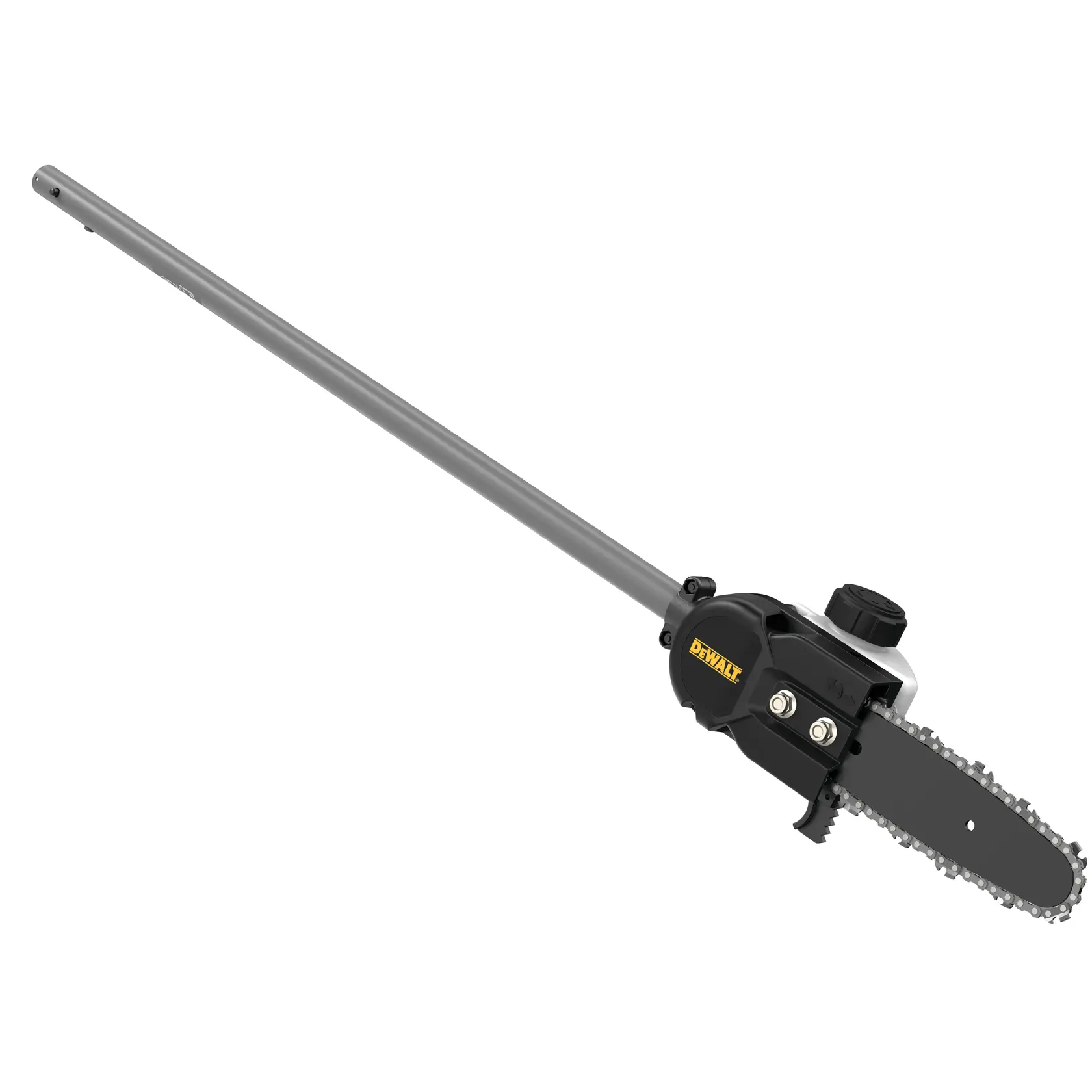 Une extension de scie à perche DEWALT avec une tête de tronçonneuse noire et un long manche en métal, conçue pour tailler et couper des branches en hauteur.