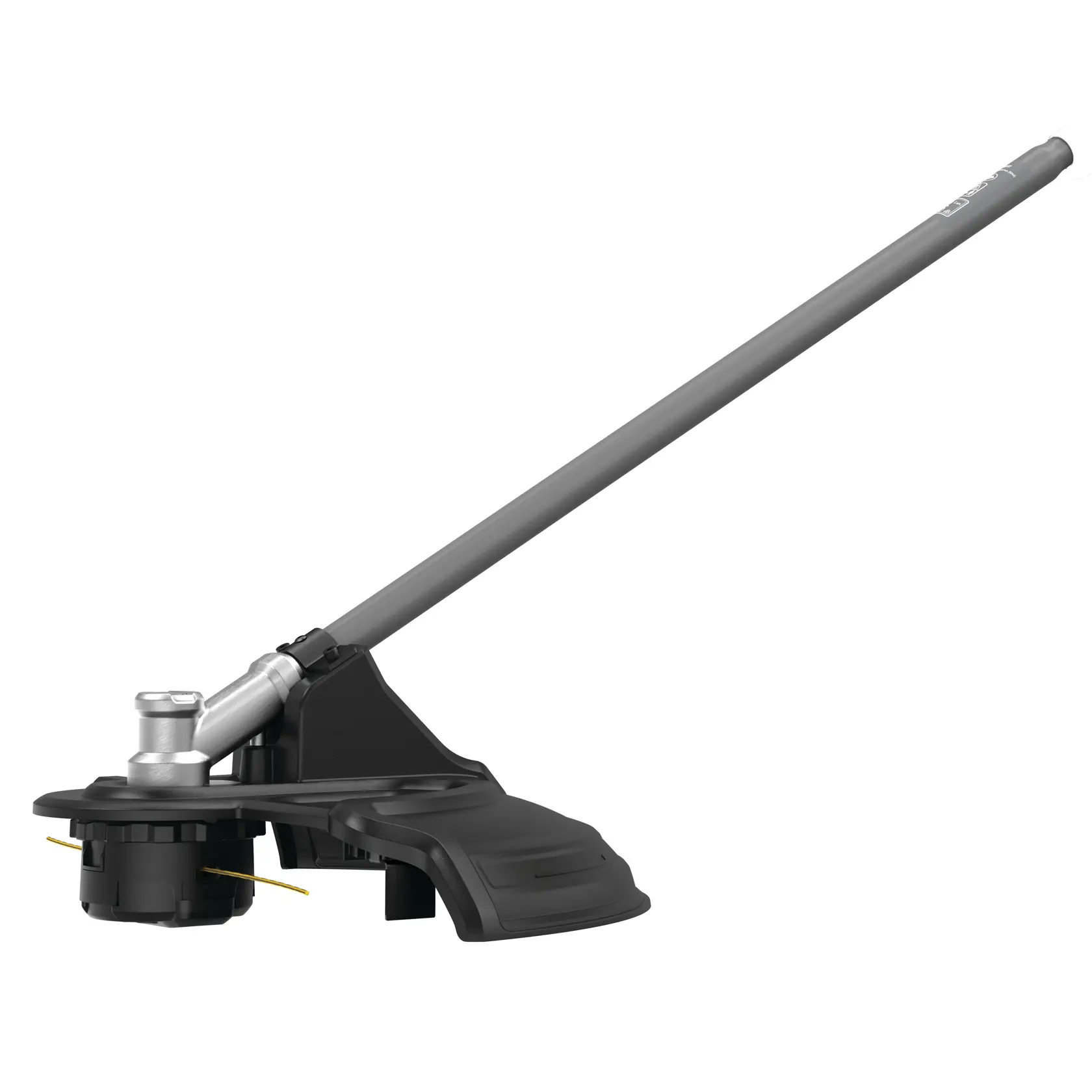 Un accessoire coupe-bordures DEWALT avec un manche gris et une tête de coupe noire, conçu pour l'entretien des pelouses et des jardins.