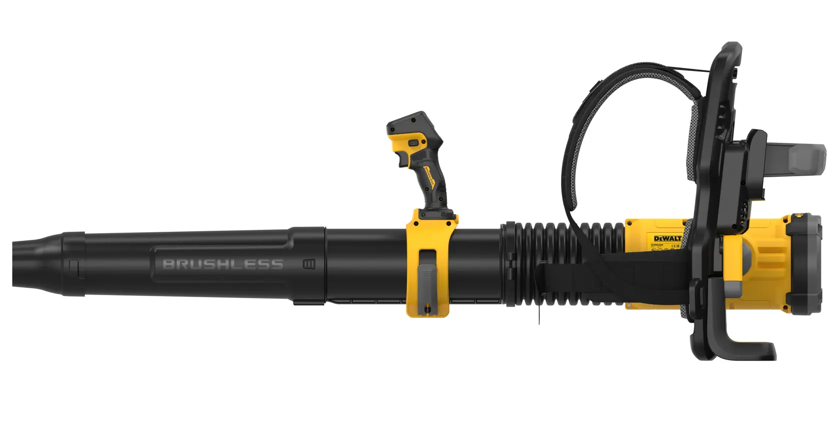 Souffleur DEWALT DCMBBL800N-XJ, DCMBBL800N, brushless, jaune et noir, vue latérale.