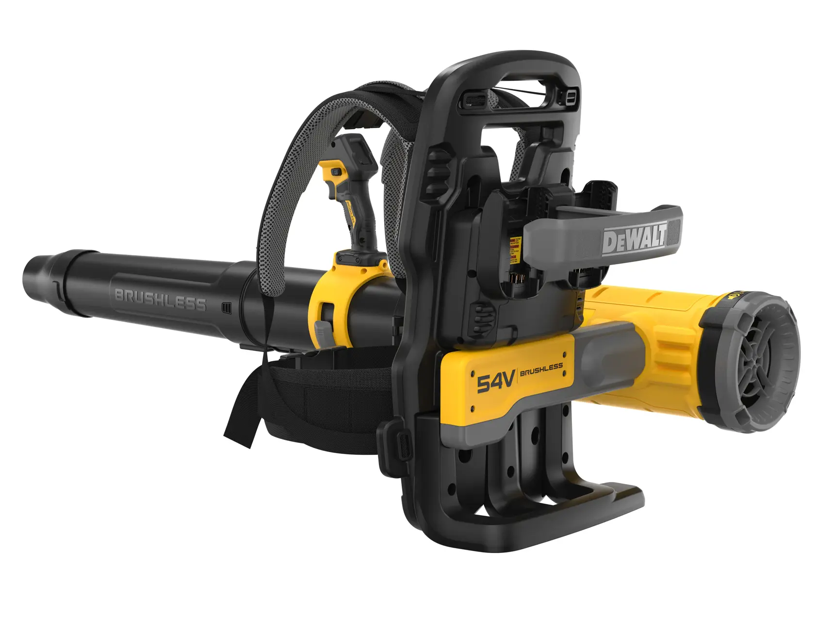 Souffleur DEWALT 54V, photo produit. DCMBBL800N-XJ, DCMBBL800N visibles. Sac à dos, jaune/noir.