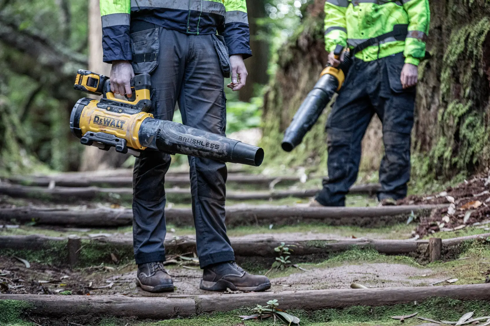 Souffleurs DEWALT DCMBBL800N-XJ, DCMBBL800N tenus par deux personnes en tenue de travail sur des marches boisées.