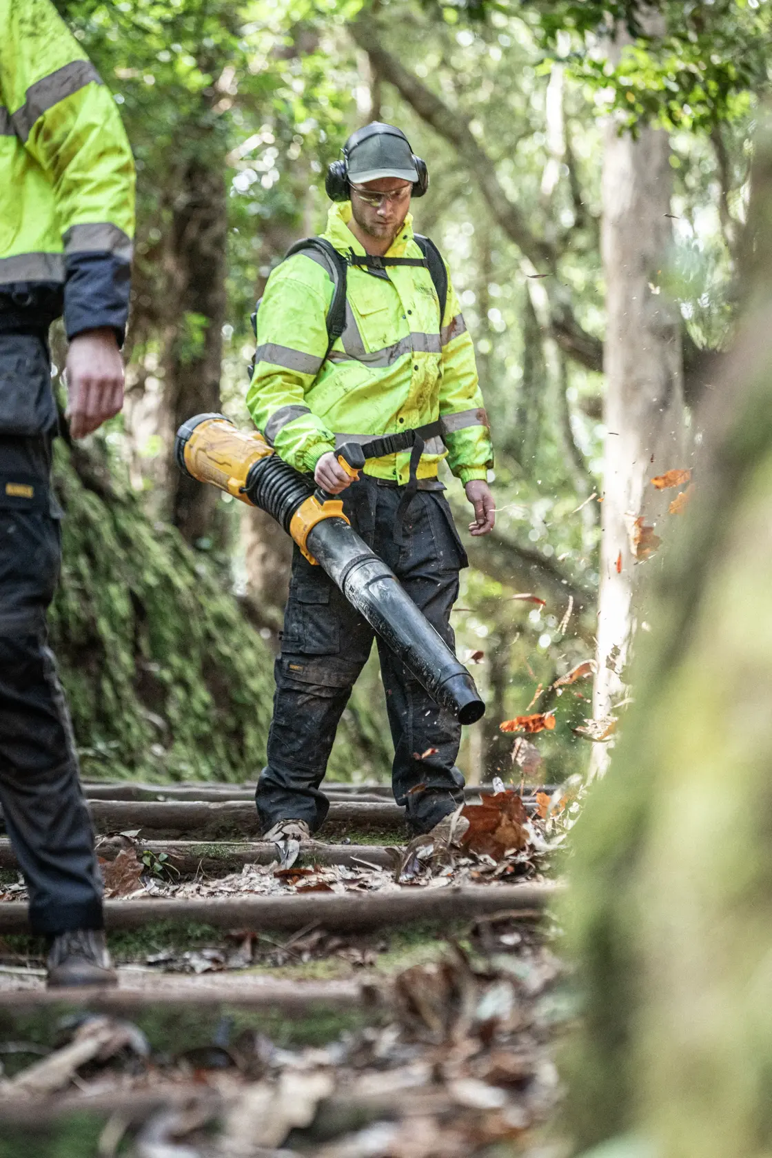 Travailleur utilise DEWALT DCMBBL800N-XJ, DCMBBL800N souffleur dehors. Catégorie Photographie.