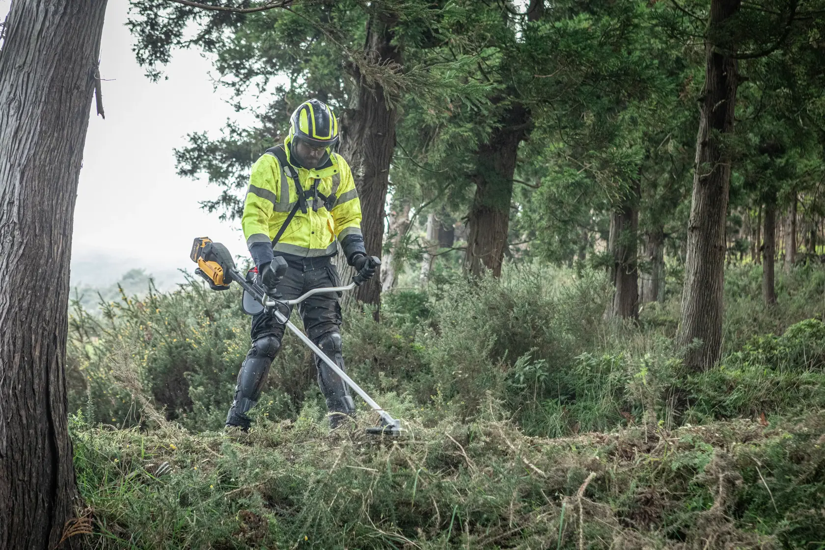 Ouvrier dehors avec débroussailleuse DEWALT DCMBC723N-XJ, DCMBC723N en forêt.