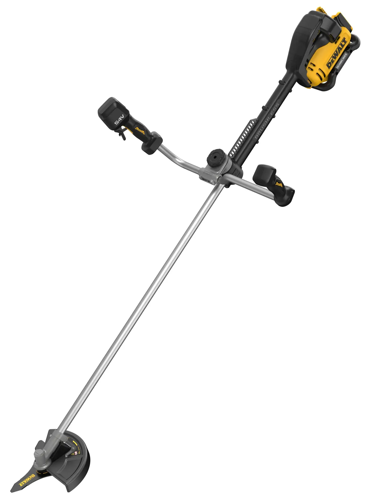 Coupe-herbe DEWALT DCMBC823N, DCMBC823N-XJ avec manche long et moteur jaune/noir.